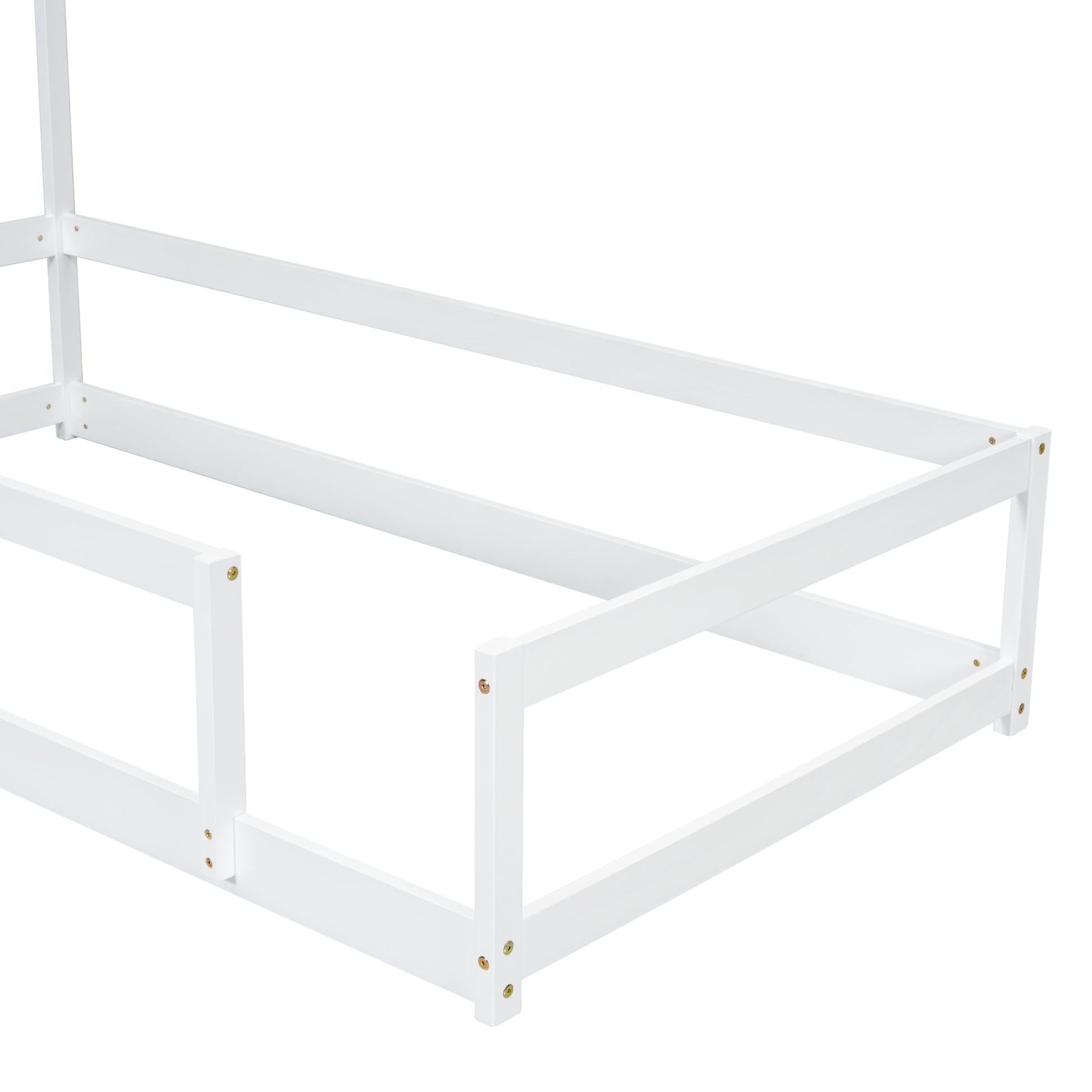 Twin Size Wood Bed With House Shaped Headboard Floor Bed With Fences,White Twin White Wood Bedroom American Design Pine Pine