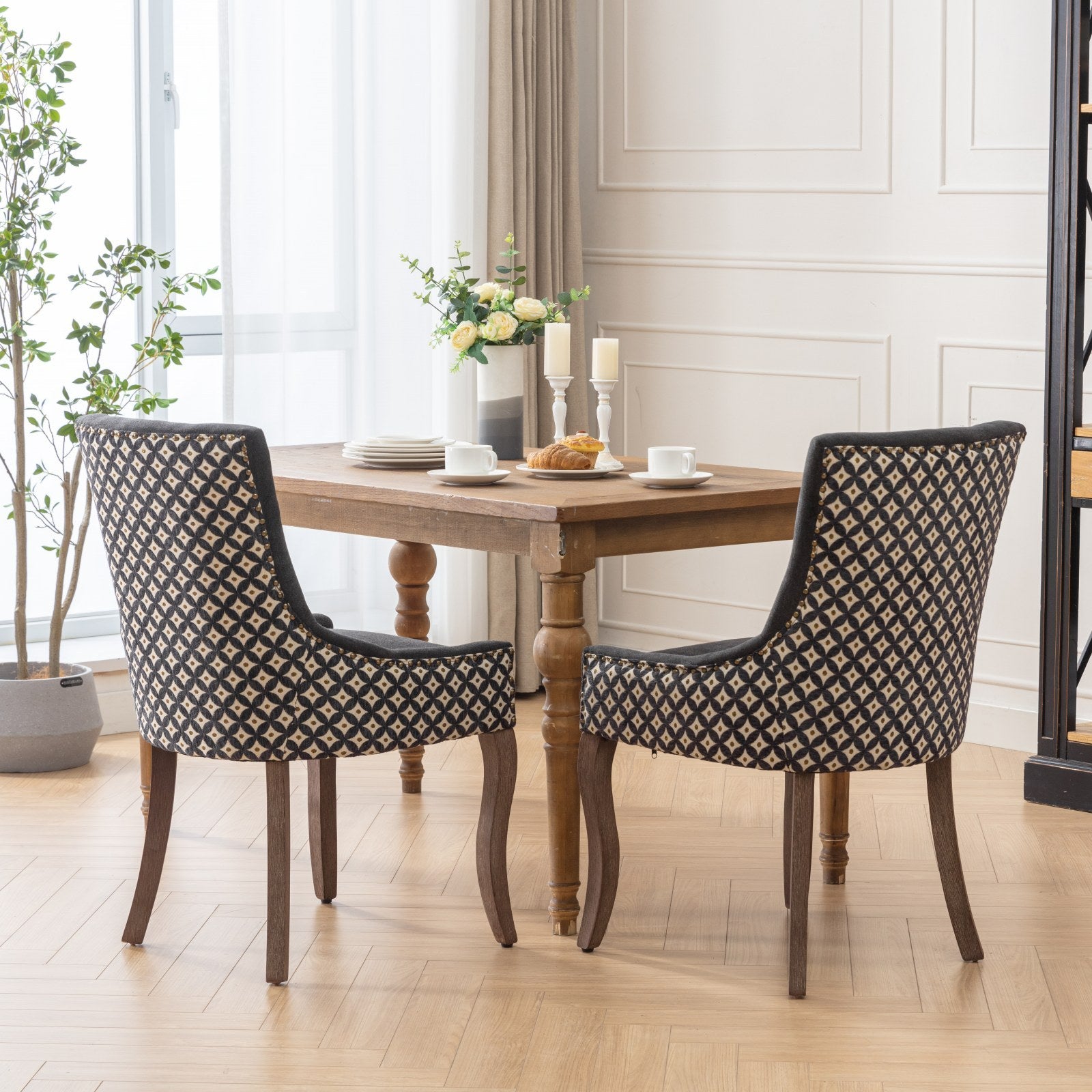 Ultra Side Dining Chair, Thickened Fabric Chairs With Neutrally Toned Solid Wood Legs, Bronze Nail Head, Set Of 2, Blue Black Dining Room American Design Dining Chairs Rubberwood Set Of 2 Foam Fabric