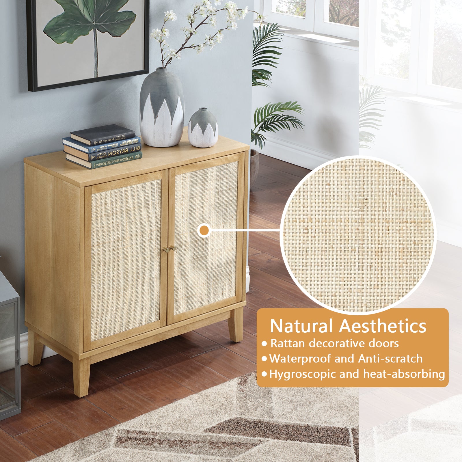 Buffet Cabinet With Storage,Storage Cabinet With Natural Rattan Decorated Doors,Rattan Cabinet With Adjustable Shelf,Sideboard For Living Room,Kitchen,Hallway,2 Doors, Storage, Natural Natural Rubber Wood