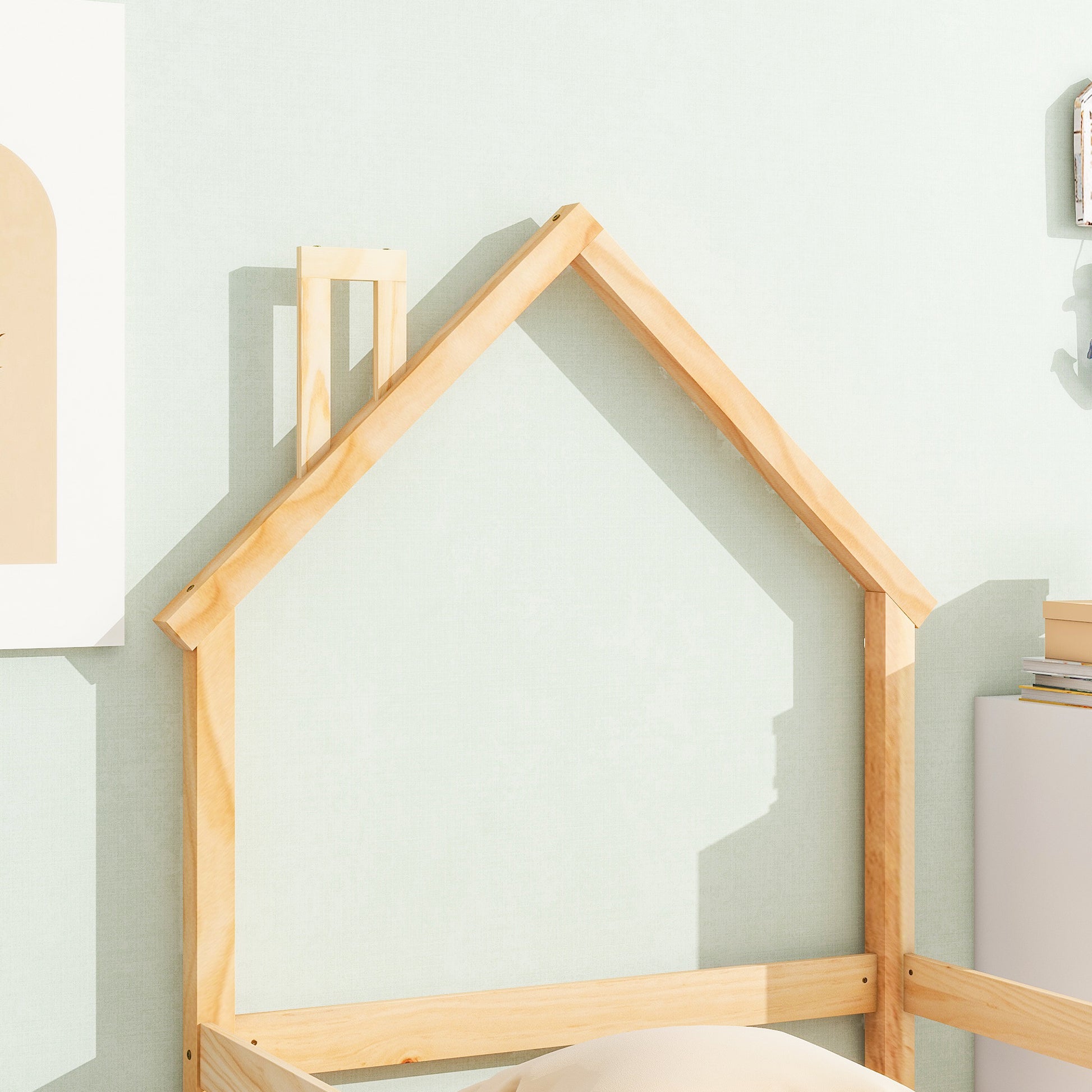 Twin Size Wood Bed With House Shaped Headboard Floor Bed With Fences,Natural Twin Natural Wood Bedroom American Design Pine Pine