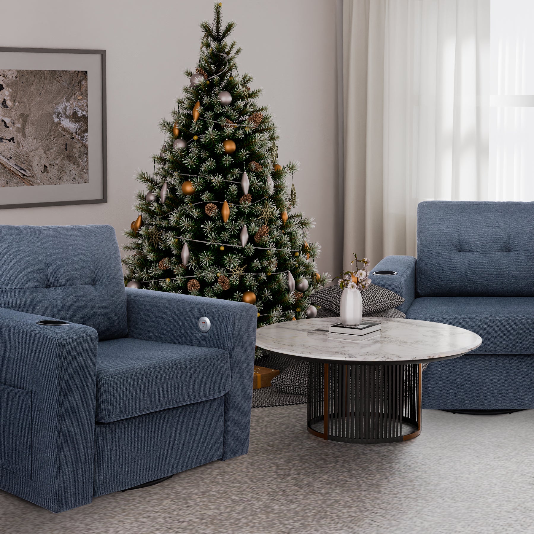 Modern Swivel Accent Sofa Chairergonomic Casual 90 Degree Swivel Single Sofa Seat With Drink Holder Living Room Chair ,Soft Egyptian Velvet Sofa Chair Blue Brown Wood Primary Living Space Delicate Duty Pine 1 Seat Blue Linen Soft Cushion Back Art