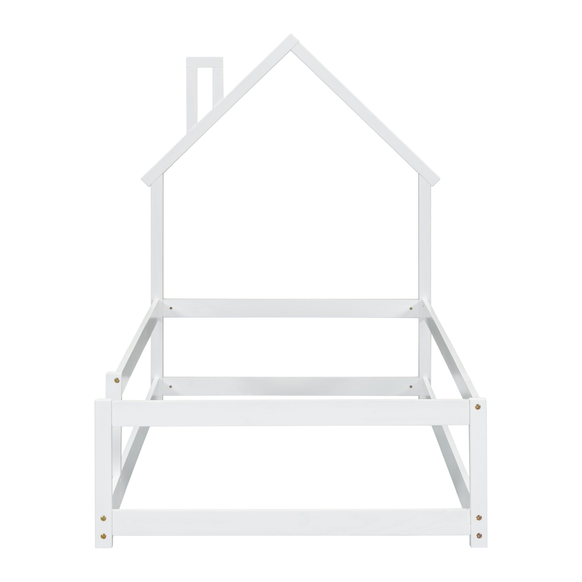 Twin Size Wood Bed With House Shaped Headboard Floor Bed With Fences,White Twin White Wood Bedroom American Design Pine Pine