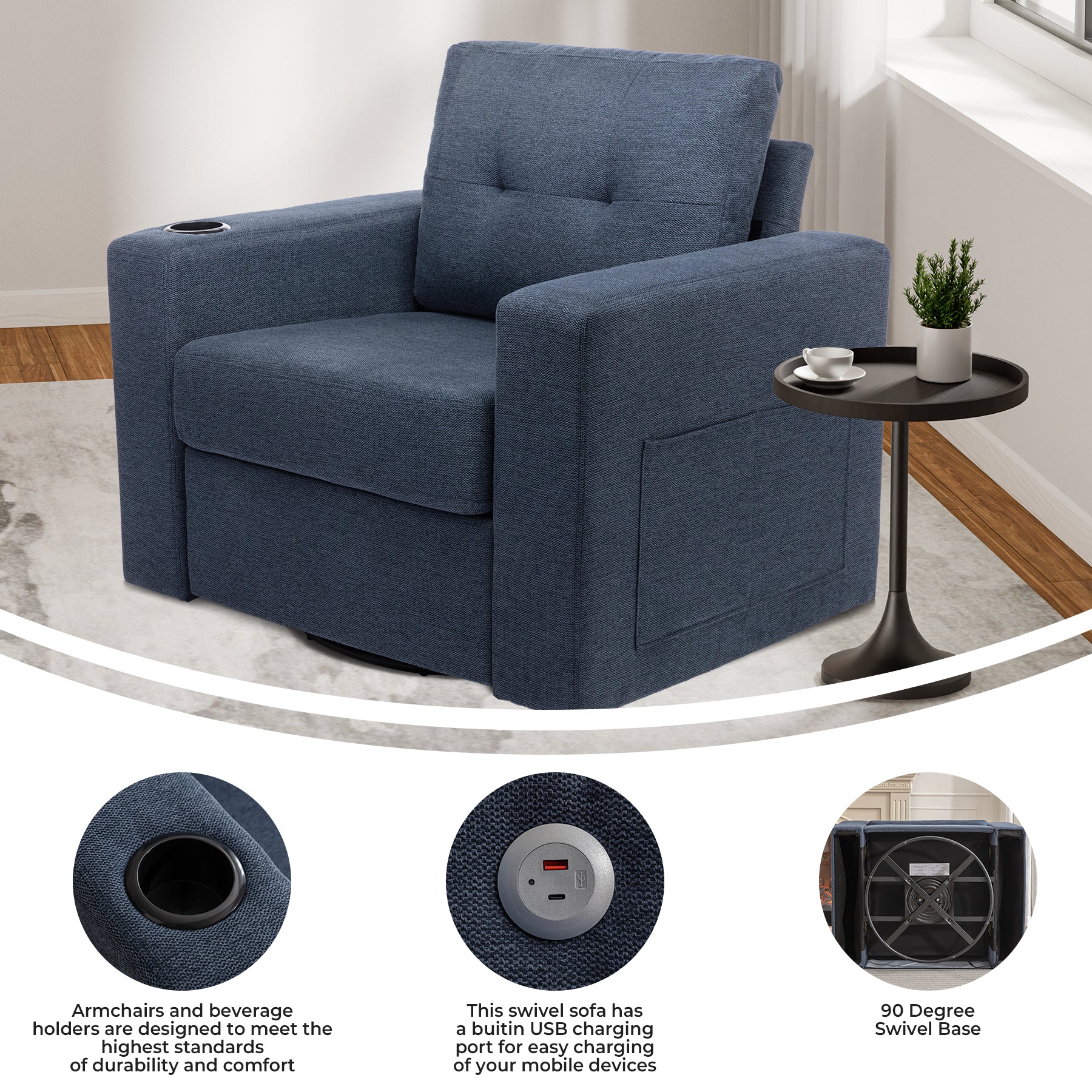 Modern Swivel Accent Sofa Chairergonomic Casual 90 Degree Swivel Single Sofa Seat With Drink Holder Living Room Chair ,Soft Egyptian Velvet Sofa Chair Blue Brown Wood Primary Living Space Delicate Duty Pine 1 Seat Blue Linen Soft Cushion Back Art