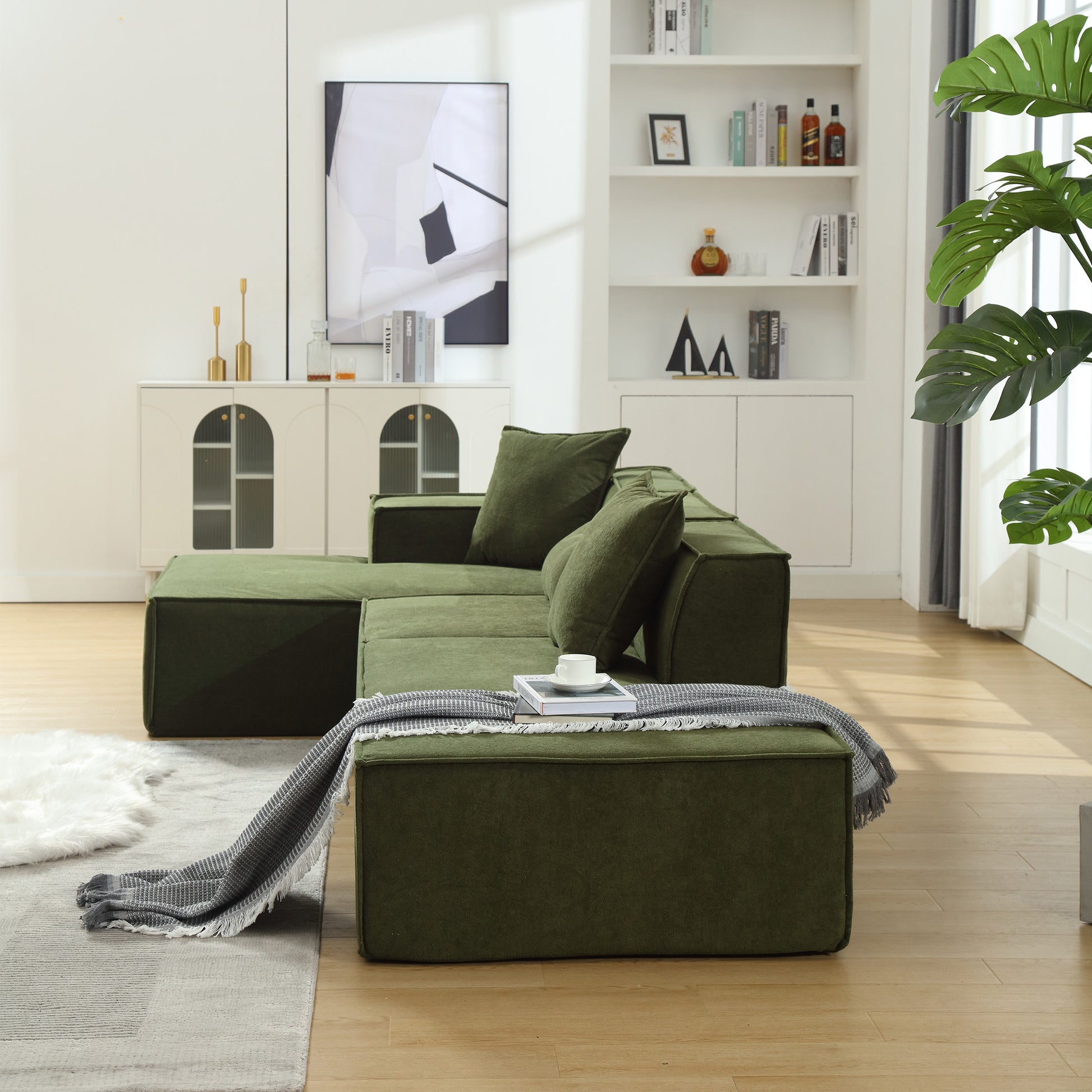 Modular Combination Living Room Sofa Set, Modern Minimalist Sofa, Free Installation Sofa, L Shaped, Italian Minimalist Tofu Block Sofa, Left Hand Facing,Terrycloth Fabric ,Green Green Polyester Primary Living Space Soft Modern Polyester 3 Seat