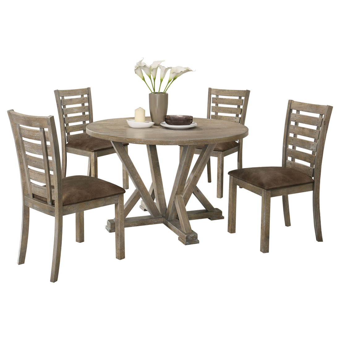 5Pcs Table Set Round Dining Table Solid Wood Modern Farmhouse Rustic Look Distressed Look Wood Grayish Brown Ladder Back Seats 4 Light Brown Dining Room Fixed Table American Design,Farmhouse,French Country,Rustic,Vintage Rubberwood Round Round Dining
