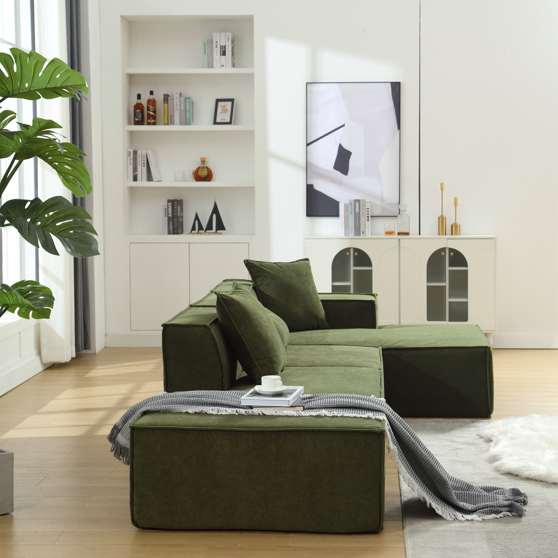 Modular Combination Living Room Sofa Set, Modern Minimalist Sofa, Free Installation Sofa, L Shaped, Italian Minimalist Tofu Block Sofa, Right Hand Facing,Terrycloth Fabric,Green Green Polyester Primary Living Space Soft Modern Polyester 3 Seat