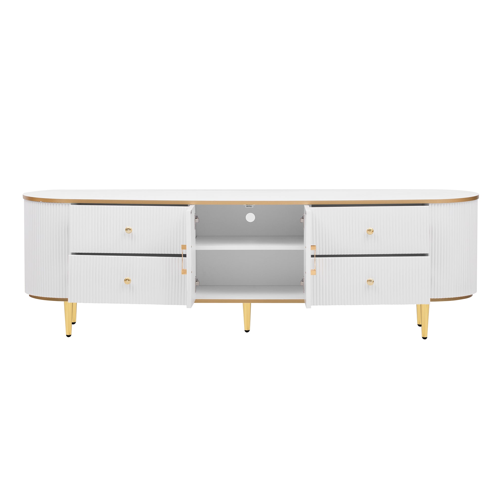 Modern Tv Stand For Tvs Up To 80 Inches, Entertainment Center With 4 Drawers And 1 Cabinet, Wood Tv Console Table With Metal Legs And Handles For Living Room White 70 79 Inches Mdf
