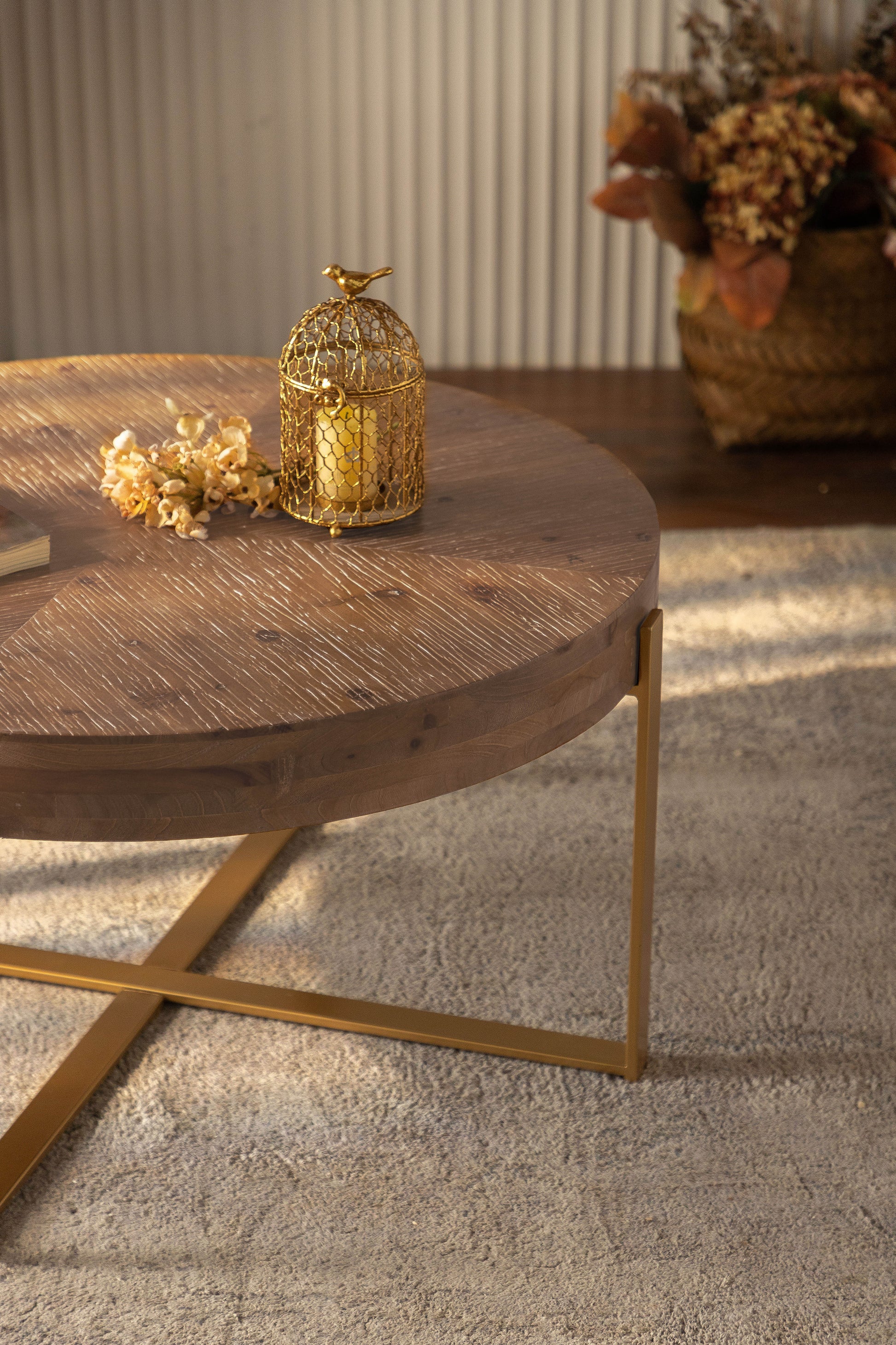 33.86"Modern Retro Splicing Round Coffee Table,Fir Wood Table Top With Gold Cross Legs Base Same Sku:W757126236 Gold Fir Metal & Wood