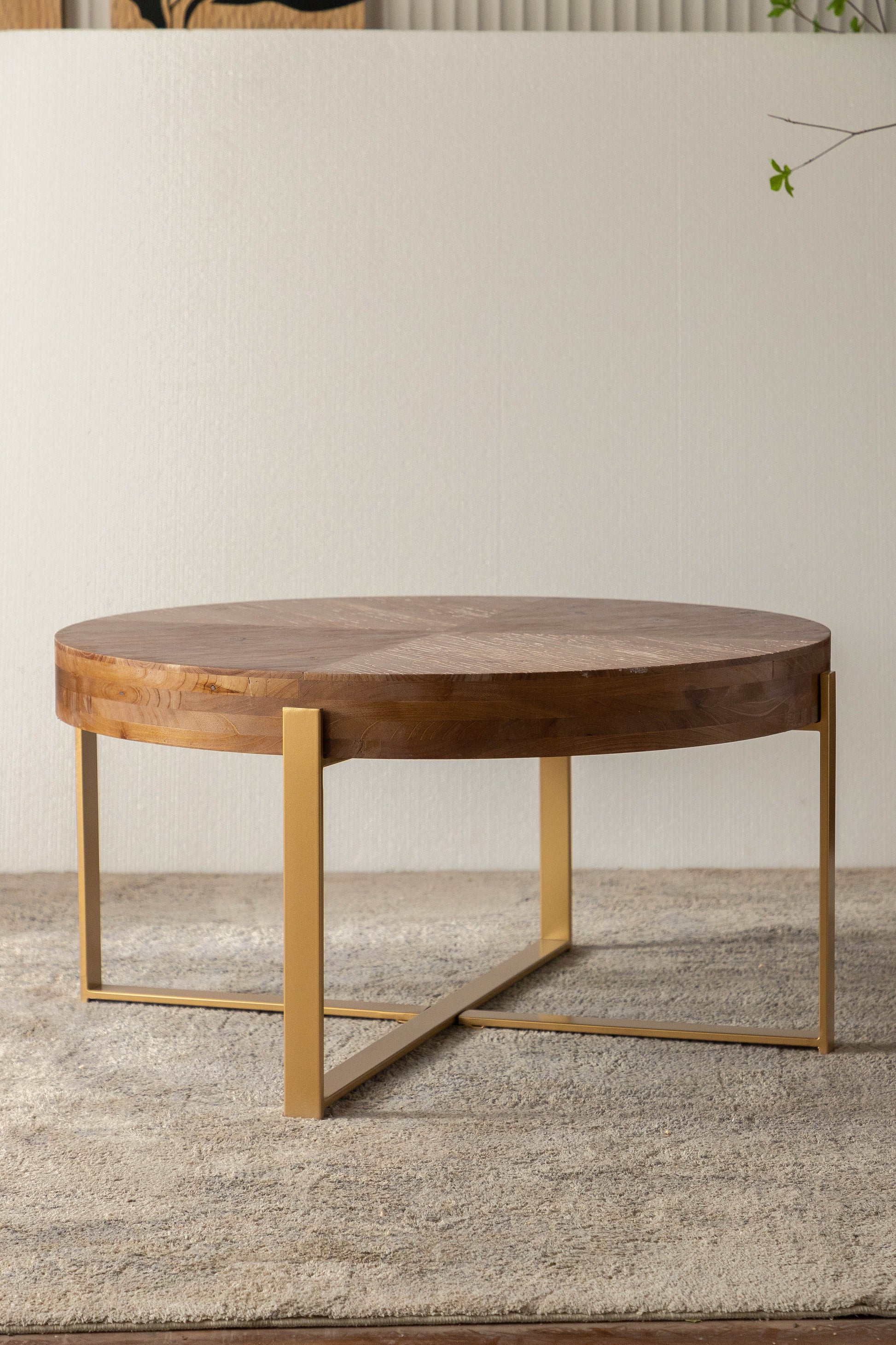 33.86"Modern Retro Splicing Round Coffee Table,Fir Wood Table Top With Gold Cross Legs Base Same Sku:W757126236 Gold Fir Metal & Wood
