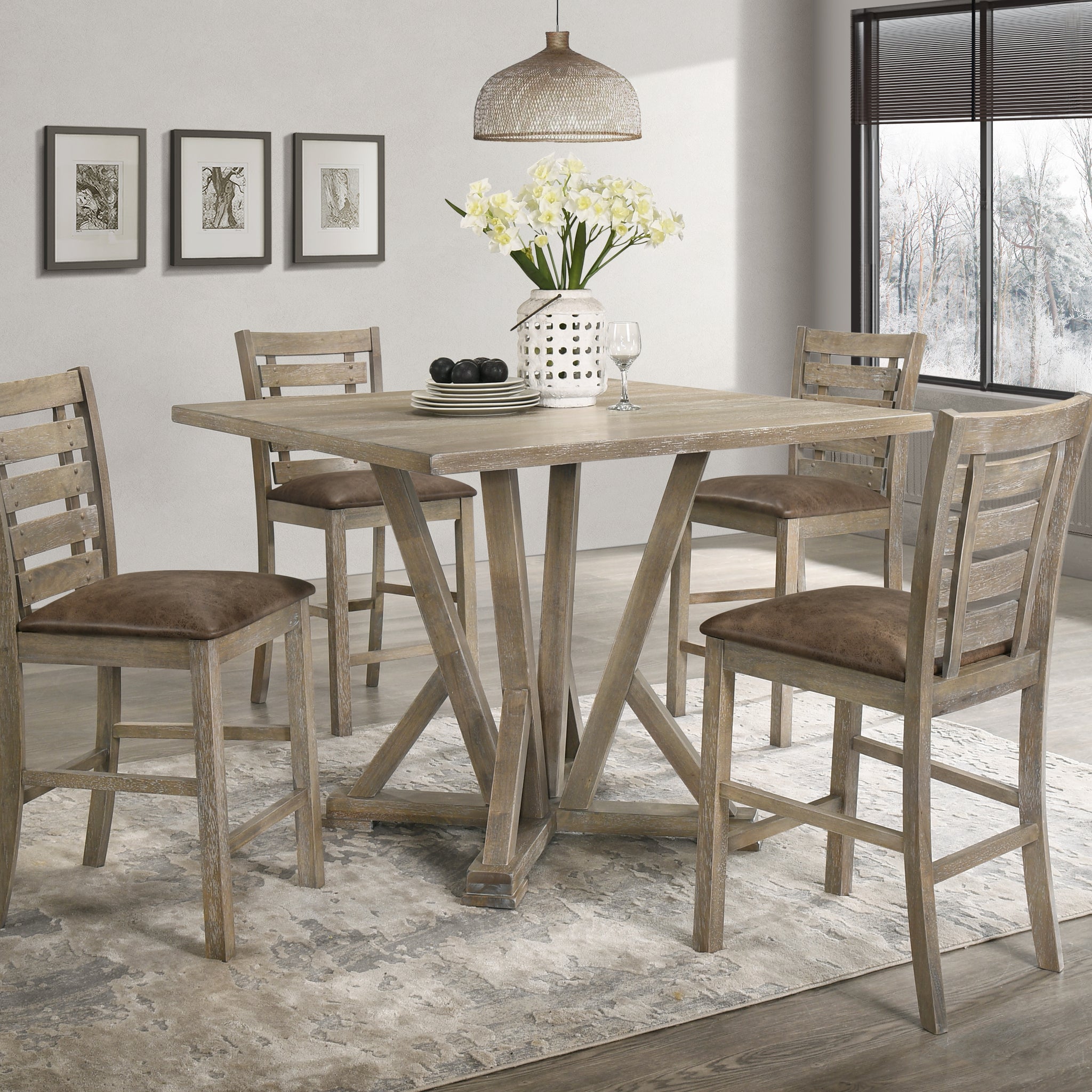 5Pcs Set Counter Table Set Square Counter Table Solid Wood Modern Farmhouse Rustic Look Distressed Look Light Brown Dining Room Fixed Table Rubberwood Square Dining Table With Chair Wood Grayish Brown Ladder Back Seats 4 48 Inches American