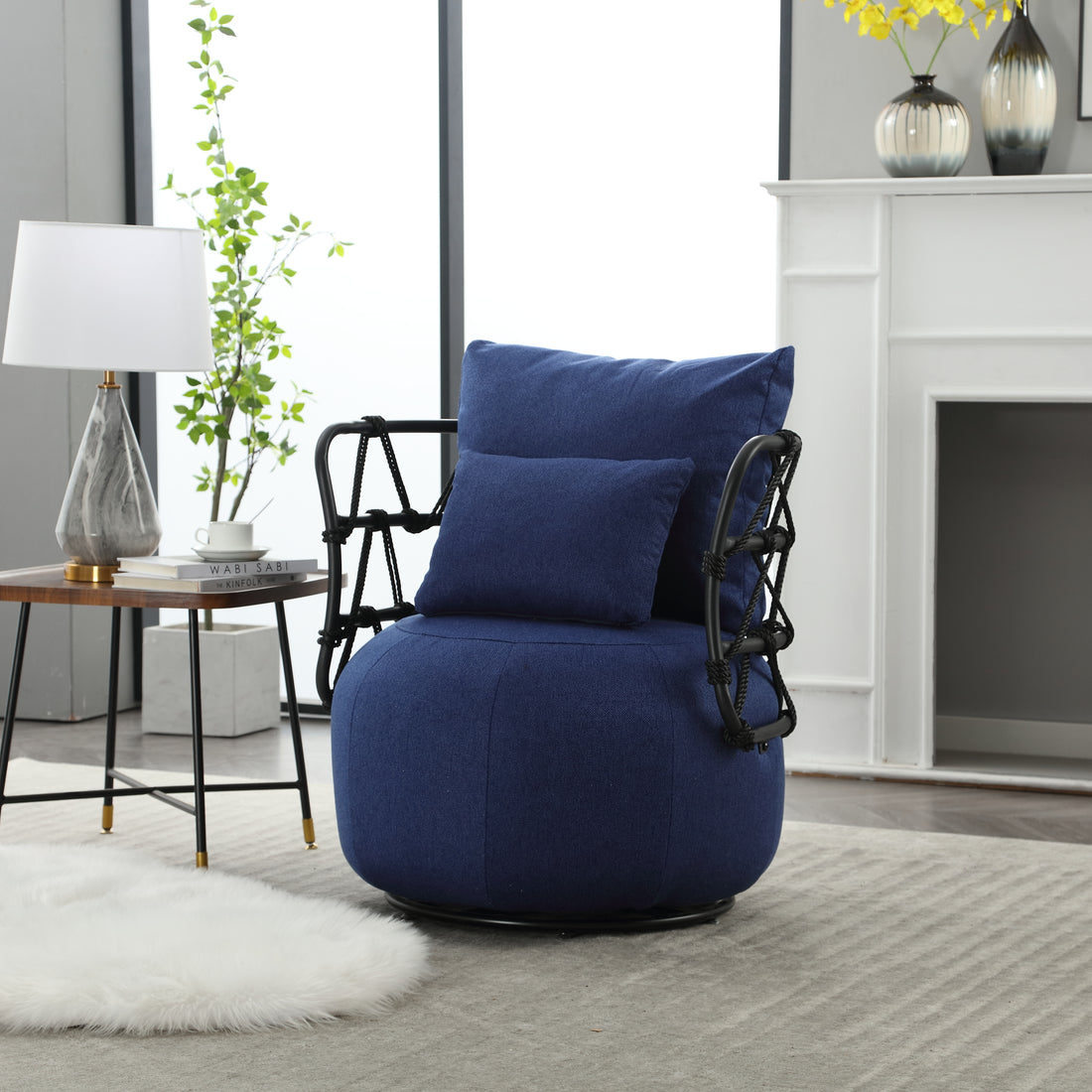 Coolmore Upholstered Tufted Living Room Chair Textured Linen Fabric Accent Chair With Metal Stand Navy Primary Living Space Foam Linen