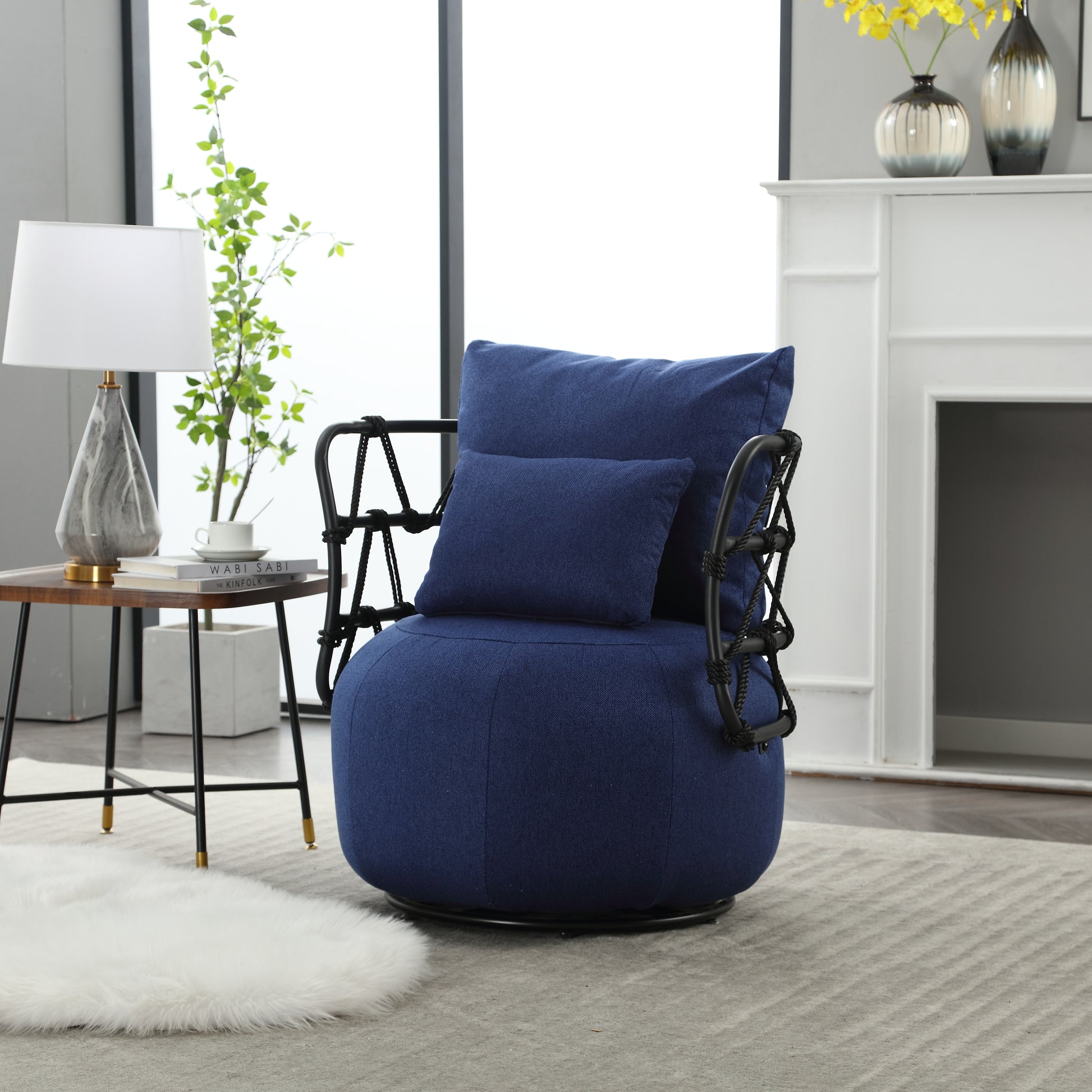 Coolmore Upholstered Tufted Living Room Chair Textured Linen Fabric Accent Chair With Metal Stand Navy Primary Living Space Foam Linen