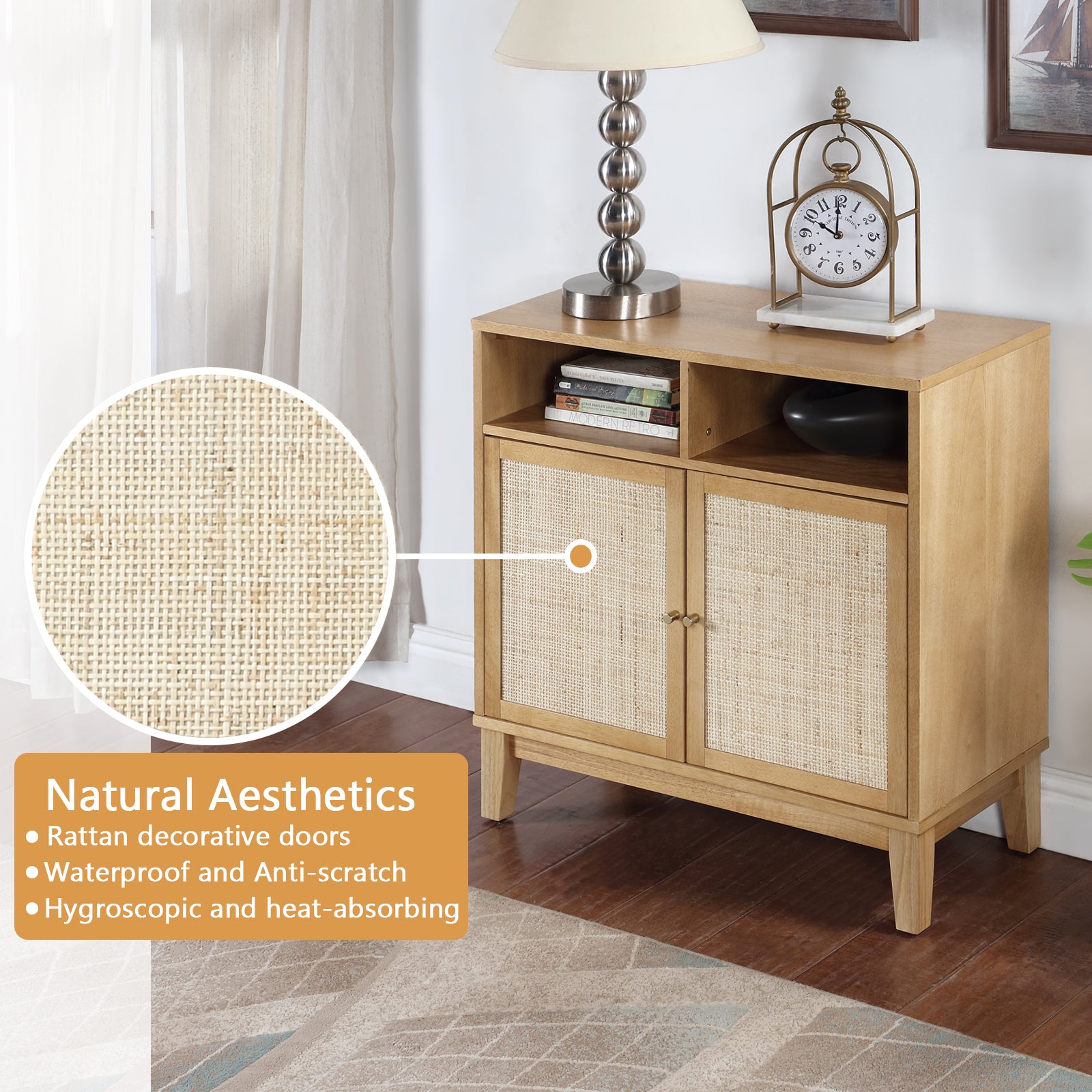 Buffet Cabinet With Storage,Storage Cabinet With Natural Rattan Decorated Doors,Rattan Cabinet With Adjustable Shelf,Sideboard For Living Room,Kitchen,Hallway,2 Doors, Storage, Natural Natural Rubber Wood