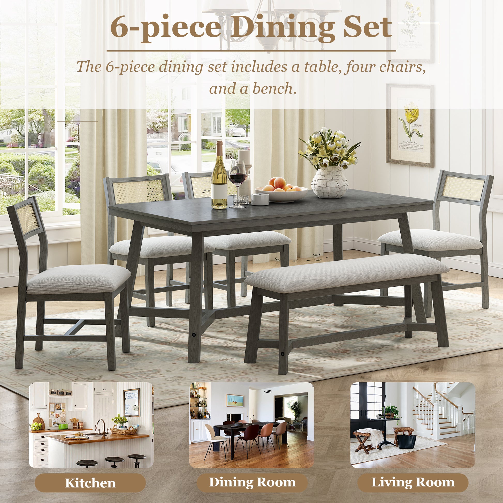 6 Piece Retro Farmhouse Style Dining Set, Rectangular Table And 4 Upholstered Chairs With Rattan And Bench For Dining Room And Kitchen Gray Gray Solid Wood Mdf