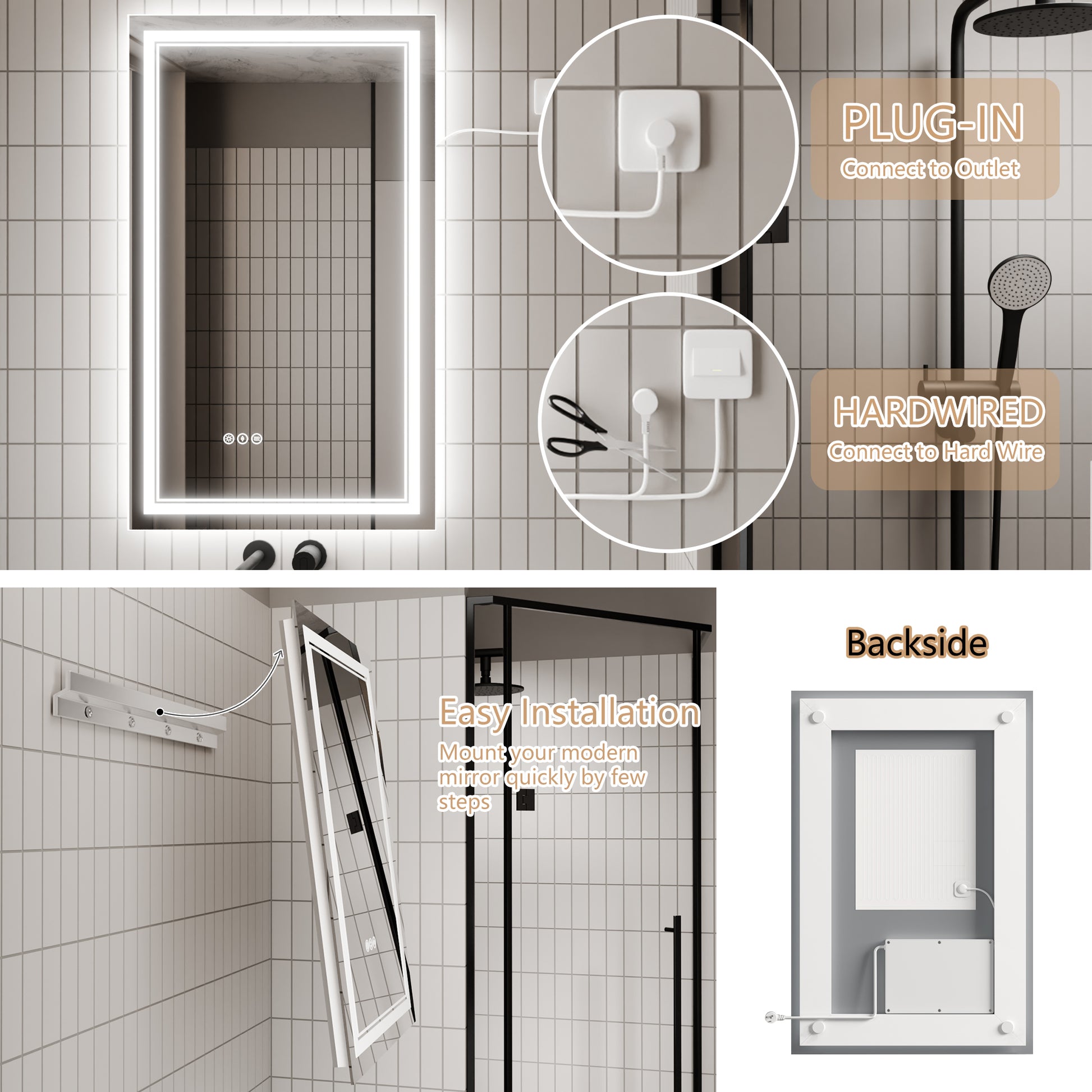 Led Bathroom Mirror, 24X40 Inch Bathroom Vanity Mirrors With Lights, Mirrors For Wall With Smart Touch Button, Anti Fog, Memory Function, Stepless Dimmable Makeup Mirror Horizontal Vertical White Aluminium