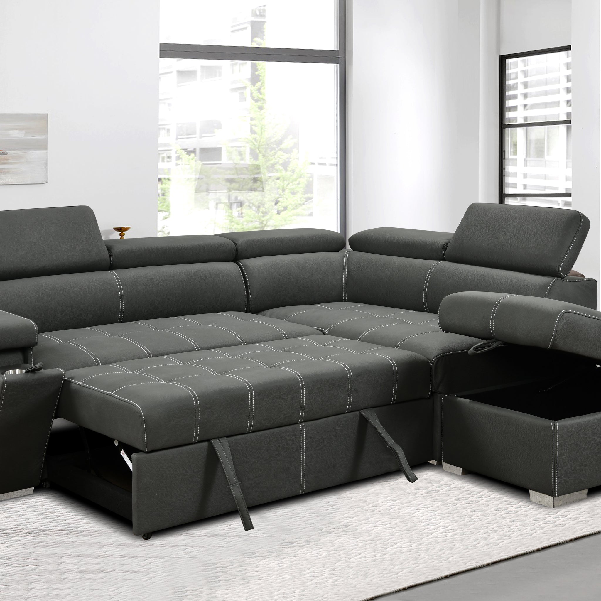 99.5" Modern 2 In 1 Convertible Sofa Bed With Pull Out Bed And Chaise Lounge With Adjustable Headrest, L Shaped Couches For Living Room Apartment W Storage Ottoman, And Cup Holder, Dark Grey Light Brown Wood Primary Living Space Heavy Duty Eucalyptus 5