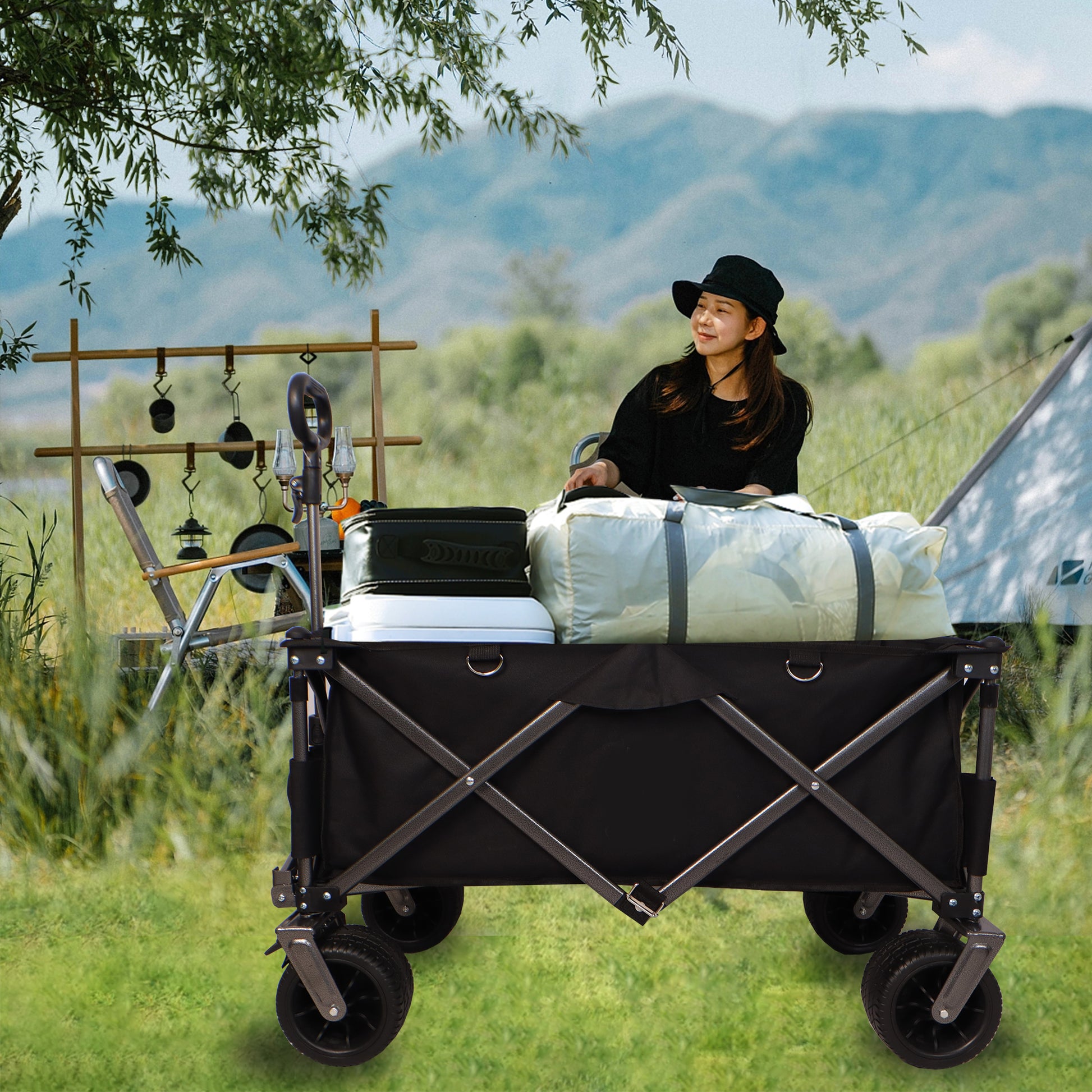 Folding Wagon, Heavy Duty Utility Beach Wagon Cart For Sand With Big Wheels, Adjustable Handle&Drink Holders For Shopping, Camping,Garden And Outdoor Black Garden & Outdoor American Design Fabric Steel