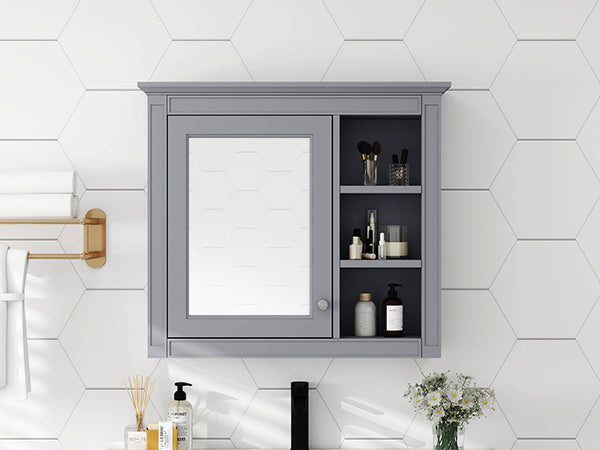 30'' X 28'' Medicine Cabinet, Wall Mounted Bathroom Storage Cabinet, Modern Bathroom Wall Cabinet With Mirror,Medicine Cabinet, Mirror Cabinet With 3 Open Shelves Not Include Bathroom Vanity Grey 1 5 Mirror Included Bathroom Wall Mounted Mdf Glass