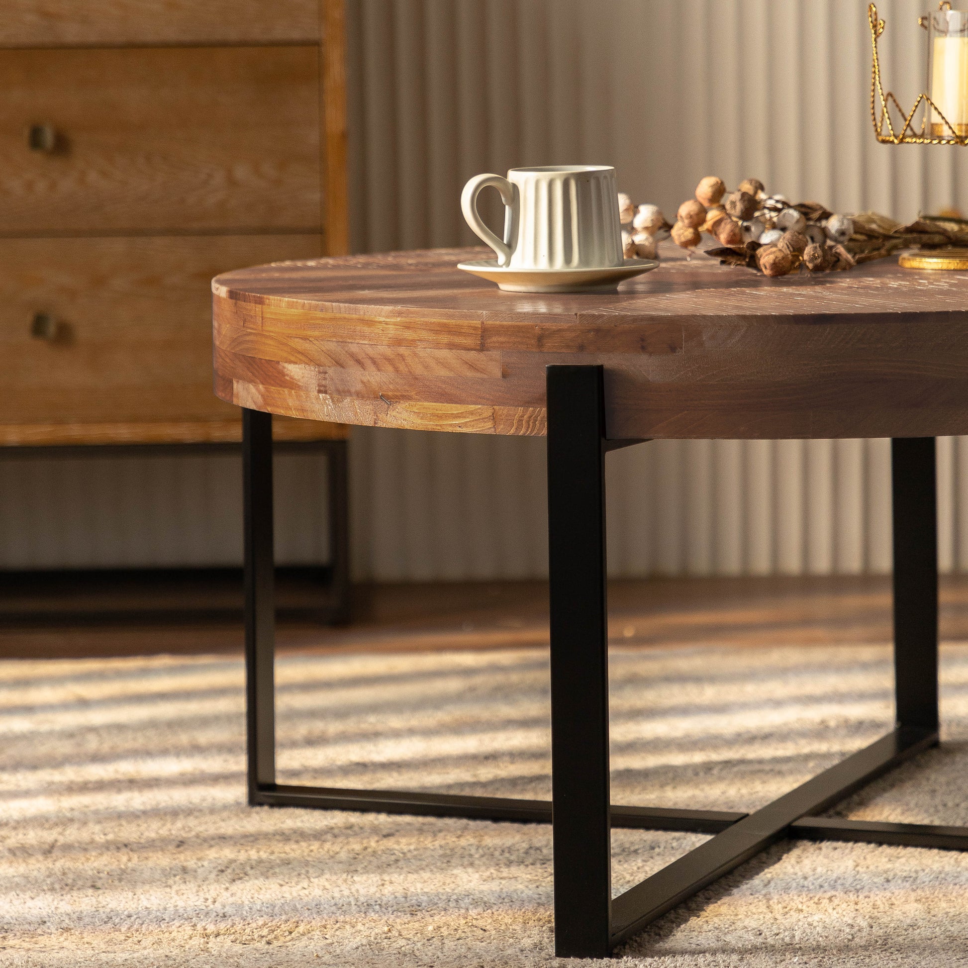 33.86"Modern Retro Splicing Round Coffee Table, Fir Wood Table Top With Black Cross Legs Base Same Sku:W757127347 Black Natural Metal & Wood
