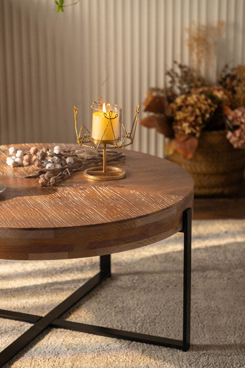 33.86"Modern Retro Splicing Round Coffee Table, Fir Wood Table Top With Black Cross Legs Base Same Sku:W757127347 Black Natural Metal & Wood