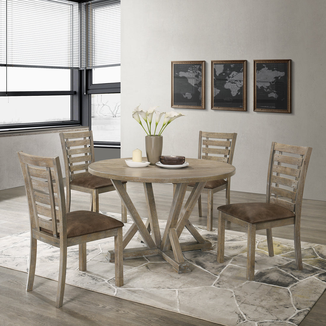 5Pcs Table Set Round Dining Table Solid Wood Modern Farmhouse Rustic Look Distressed Look Wood Grayish Brown Ladder Back Seats 4 Light Brown Dining Room Fixed Table American Design,Farmhouse,French Country,Rustic,Vintage Rubberwood Round Round Dining