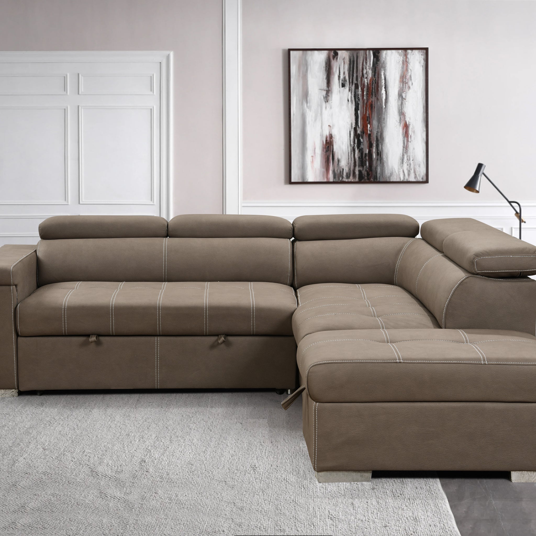 99.5" Modern 2 In 1 Convertible Sofa Bed With Pull Out Bed And Chaise Lounge With Adjustable Headrest, L Shaped Couches For Living Room Apartment W Storage Ottoman, And Cup Holder, Brown Light Brown Wood Primary Living Space Heavy Duty Eucalyptus 5 Seat