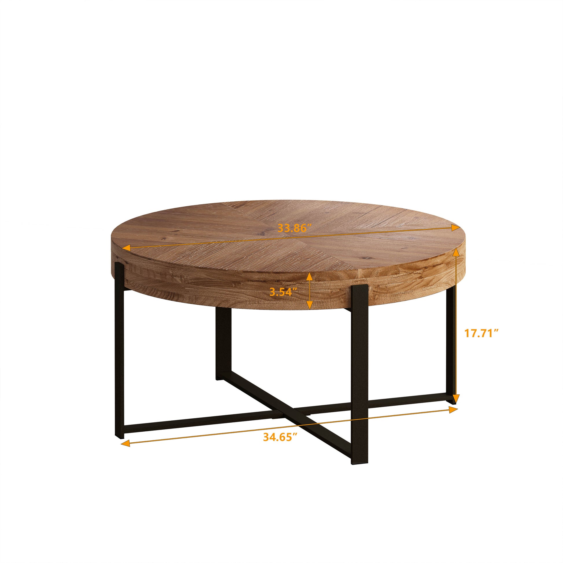 33.86"Modern Retro Splicing Round Coffee Table, Fir Wood Table Top With Black Cross Legs Base Same Sku:W757127347 Black Natural Metal & Wood