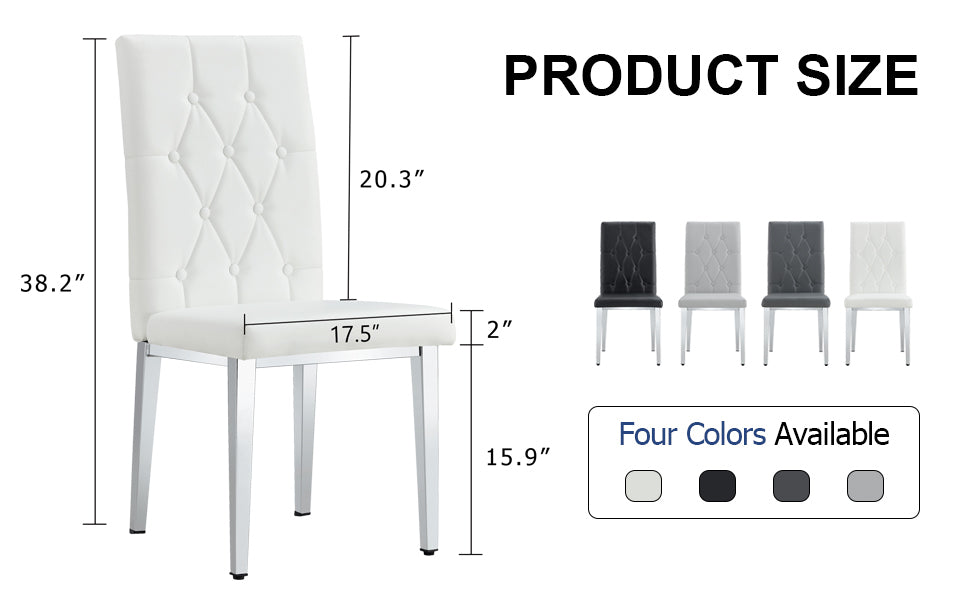 4 Piece Dining Chair Set, Modern Style Kitchen Soft Cushion High Backrest, With Embedded Buttons, Metal Leg Office Chair, Suitable For Restaurants, Offices, And Restaurants. White Pu