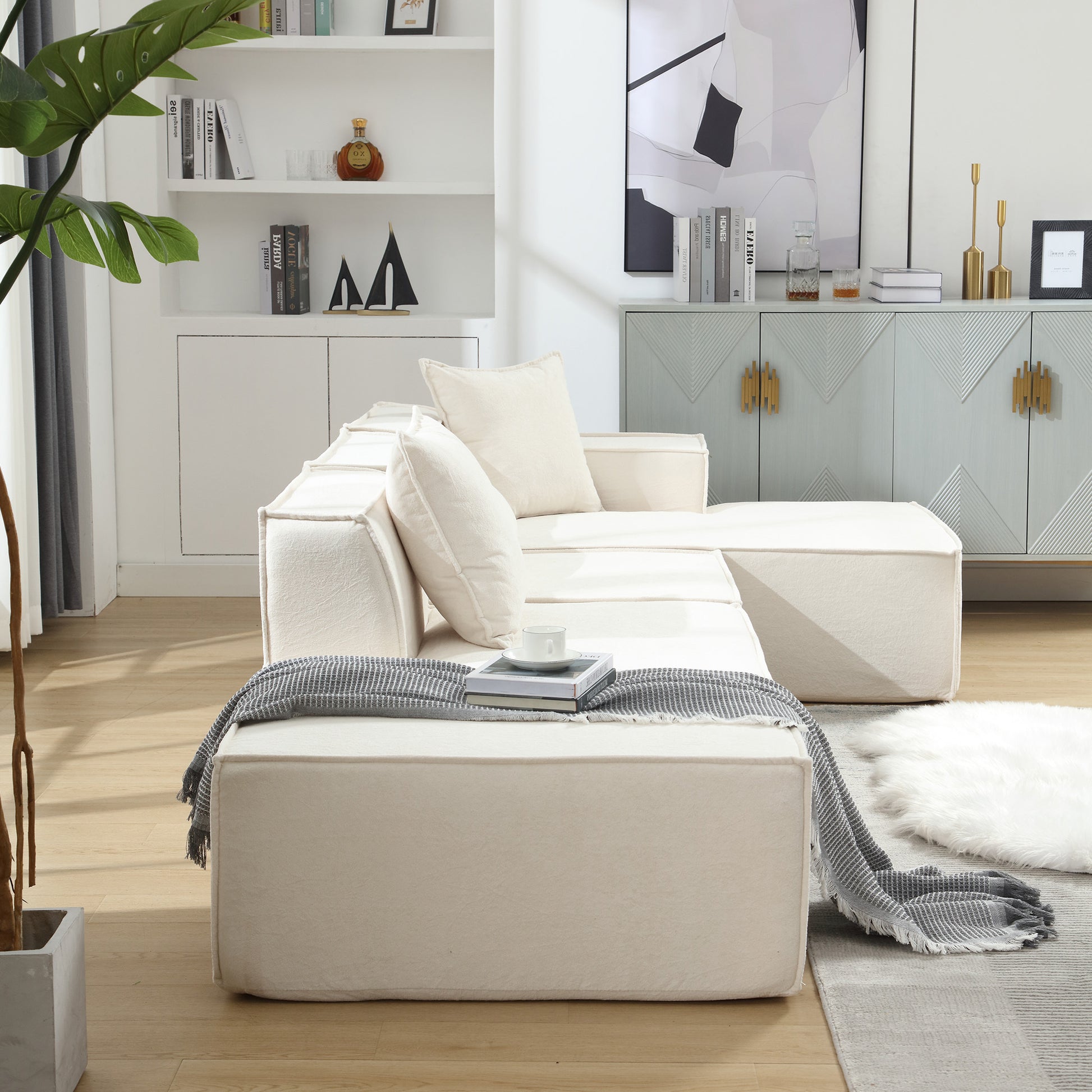 Modular Combination Living Room Sofa Set, Modern Minimalist Sofa, Free Installation Sofa, L Shaped, Italian Minimalist Tofu Block Sofa, Right Hand Facing,Terrycloth Fabric ,Beige Beige Polyester Primary Living Space Soft Modern Polyester 3 Seat