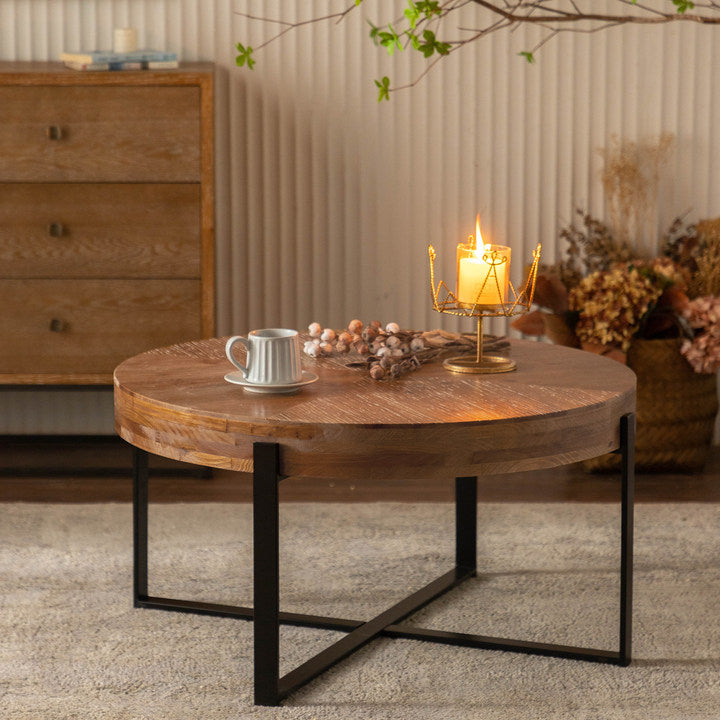 33.86"Modern Retro Splicing Round Coffee Table, Fir Wood Table Top With Black Cross Legs Base Same Sku:W757127347 Black Natural Metal & Wood