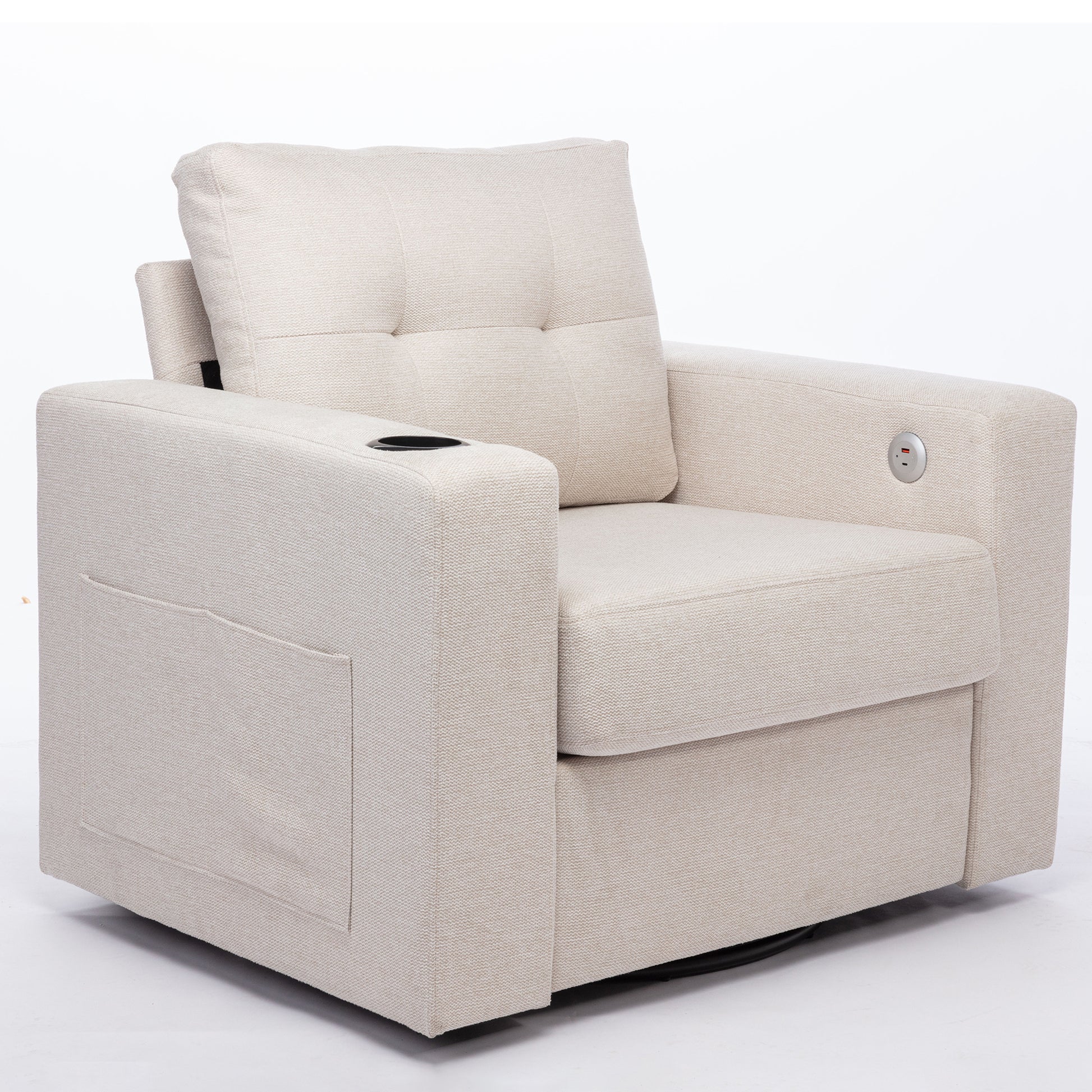 Modern Swivel Accent Sofa Chair, Ergonomic Casual 90 Degree Swivel Single Sofa Seat With Drink Holder Living Room Chair ,Soft Egyptian Velvet Sofa Chair White Brown Wood Primary Living Space Delicate Duty Pine 1 Seat White Linen Soft Cushion Back Art