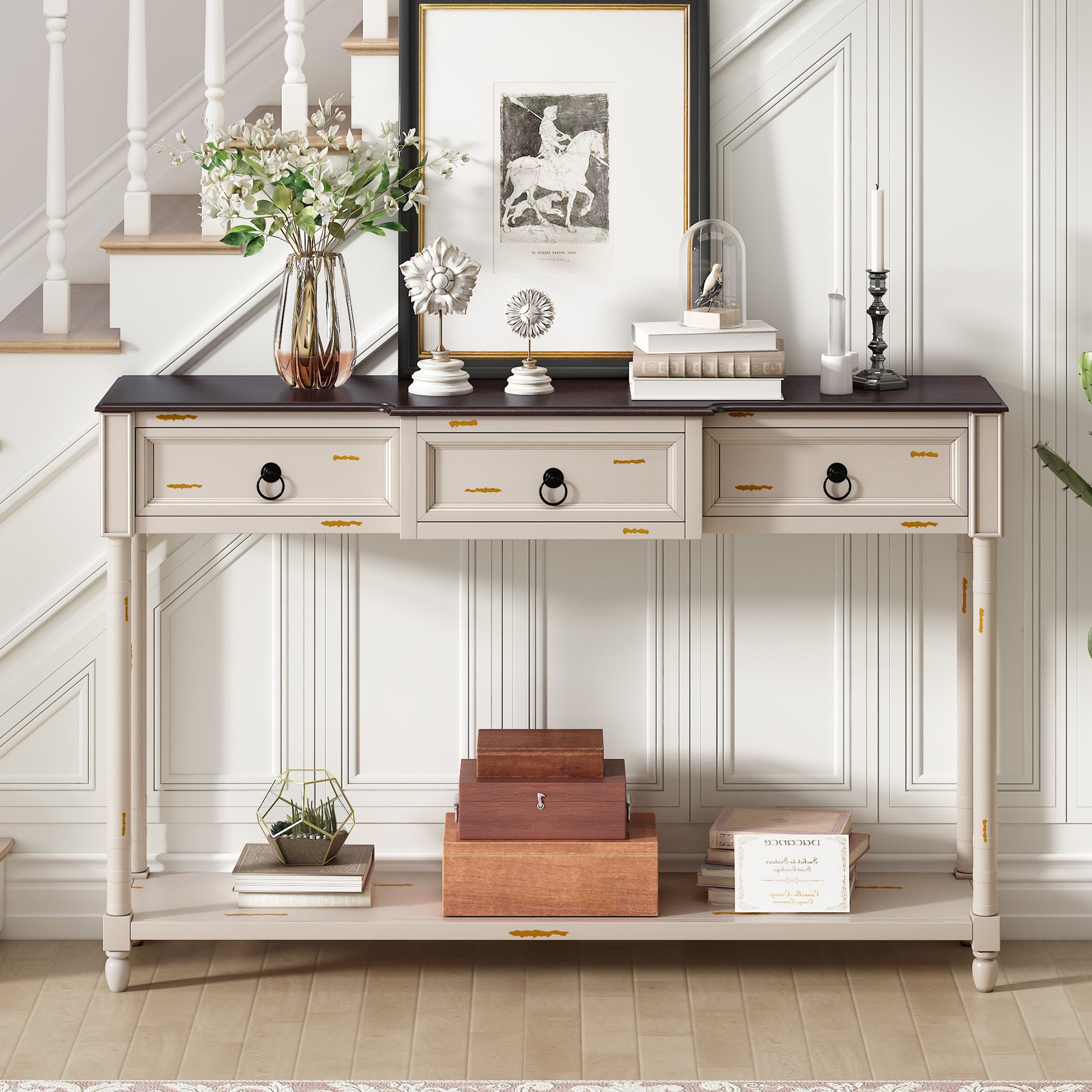 Console Table Sofa Table With Drawers For Entryway With Projecting Drawers And Long Shelf Beige, Old Sku: Wf189574Aad Beige Solid Wood Mdf