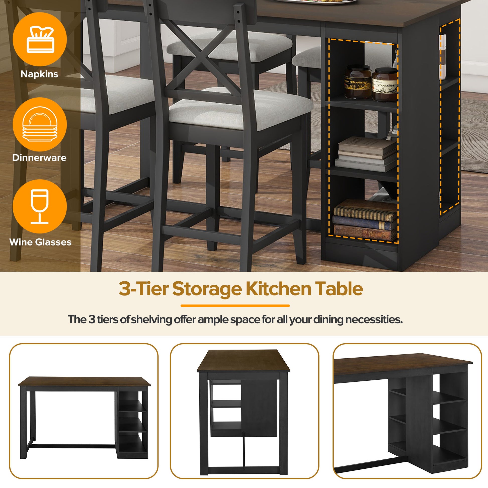 60"Lx30"W Solid Wood Farmhouse Counter Height Dining Table Set With 3 Tier Storage Shelves, Upholstered Dining Chairs For 4, 5 Piece, Gray Wood Dining Room Solid Wood Rubberwood Rectangular Dining Table With Chair Wood Wood Gray Seats 4 Farmhouse 4 Leg