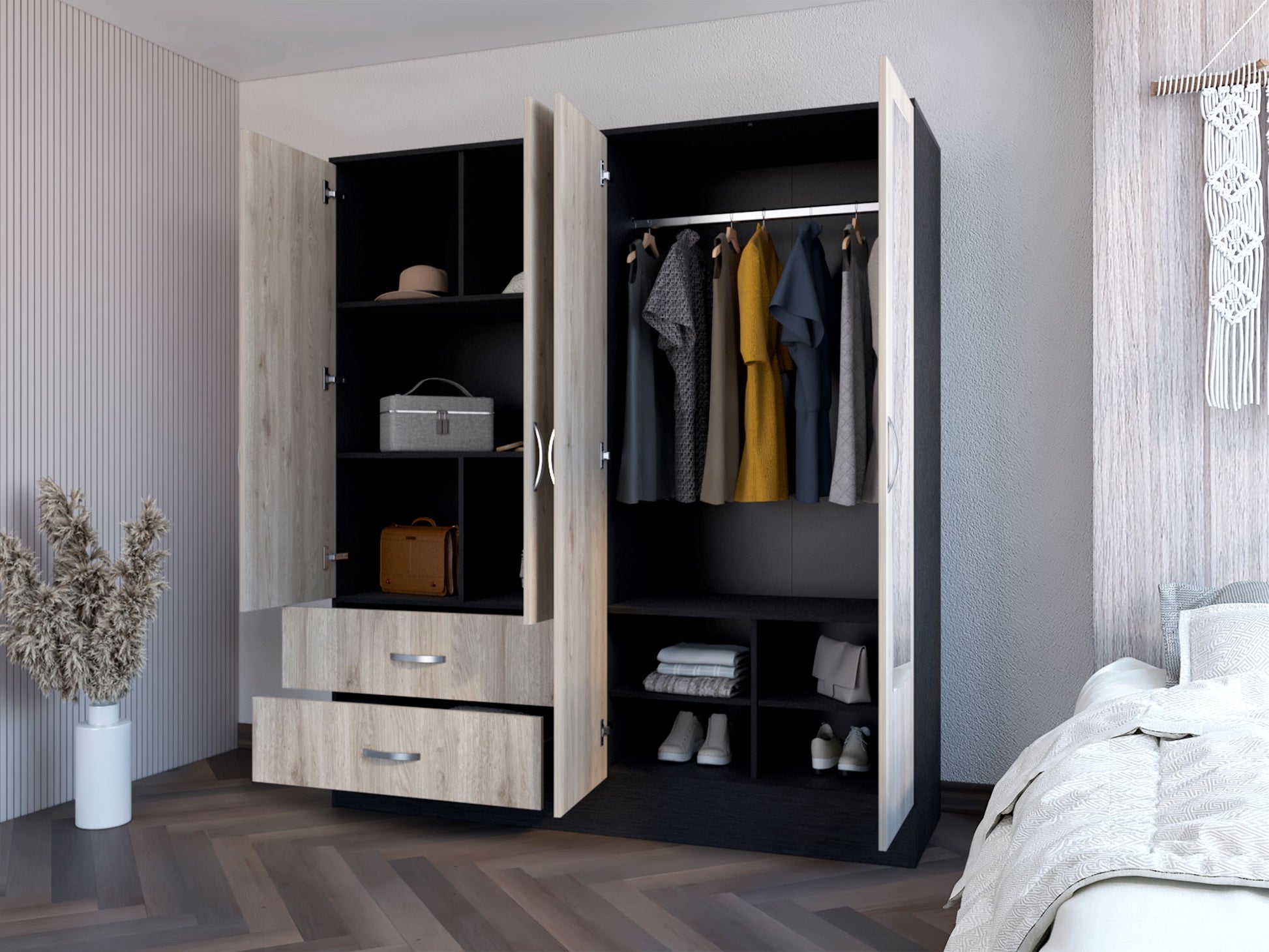 Armoire Ron, Bedroom, Black Light Gray Light Gray Particle Board Engineered Wood