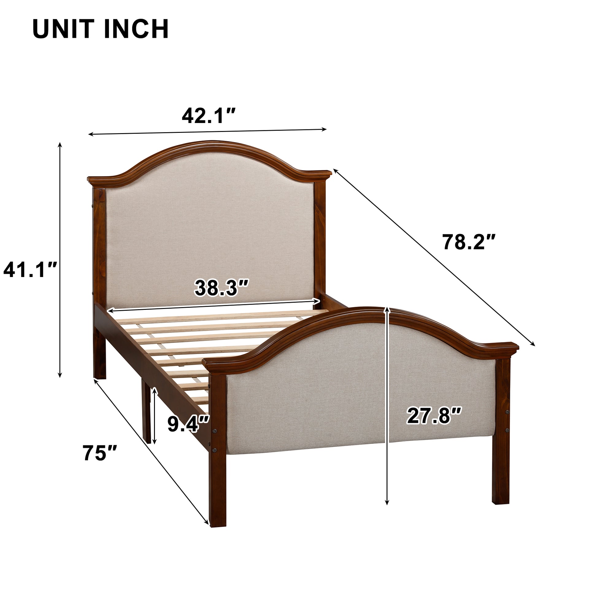 Twin Bed With Upholstered Headboard And Footboard, With Slats,Walnut Twin Walnut Bedroom American Design Pine