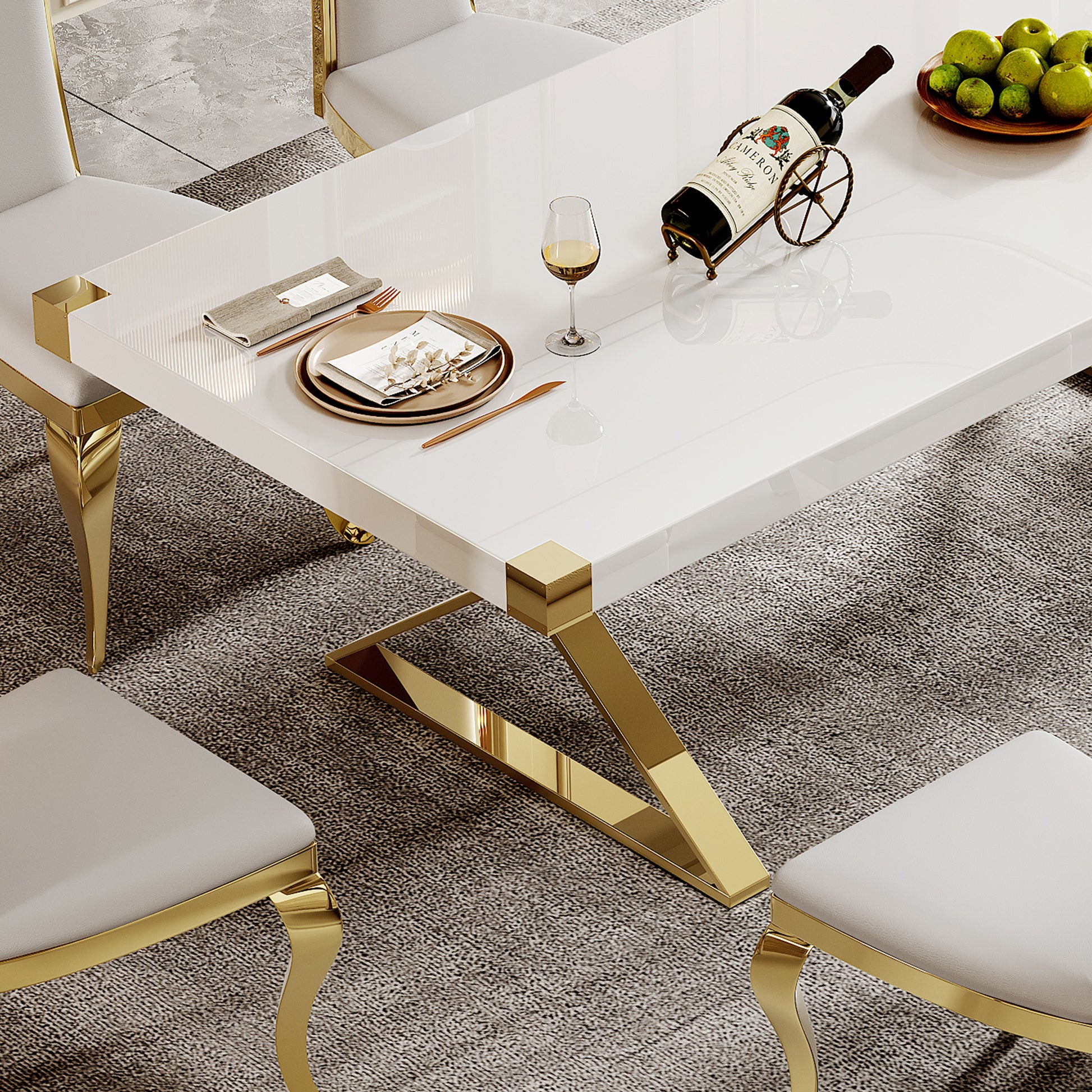 Mdf With Gold Finish Corner Top Dining Table, Gold Finish Stainless Steel Base White Gold Mdf