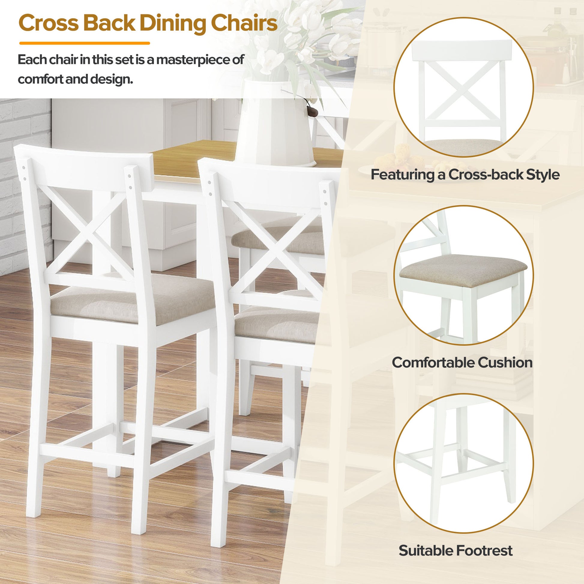 60"Lx30"W Solid Wood Farmhouse Counter Height Dining Table Set With 3 Tier Storage Shelves, Upholstered Dining Chairs For 4, 5 Piece, White Wood Dining Room Solid Wood Rubberwood Rectangular Dining Table With Chair Wood Wood Natural White Seats 4