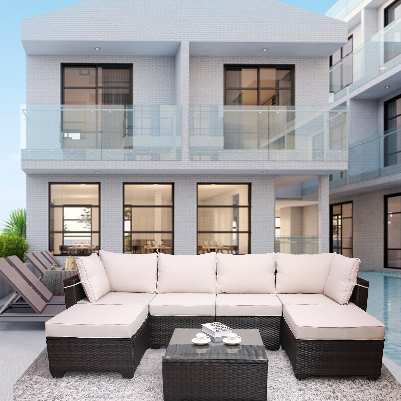 Outdoor Garden Patio Furniture 7 Piece Pe Rattan Wicker Cushioned Sofa Sets And Coffee Table, Patio Furniture Set Outdoor Couch Outdoor Couch Patio Furniture Outdoor Sofa Patio Couch Yes Complete Patio Set Brown Beige Rust Resistant Frame Water Resistant