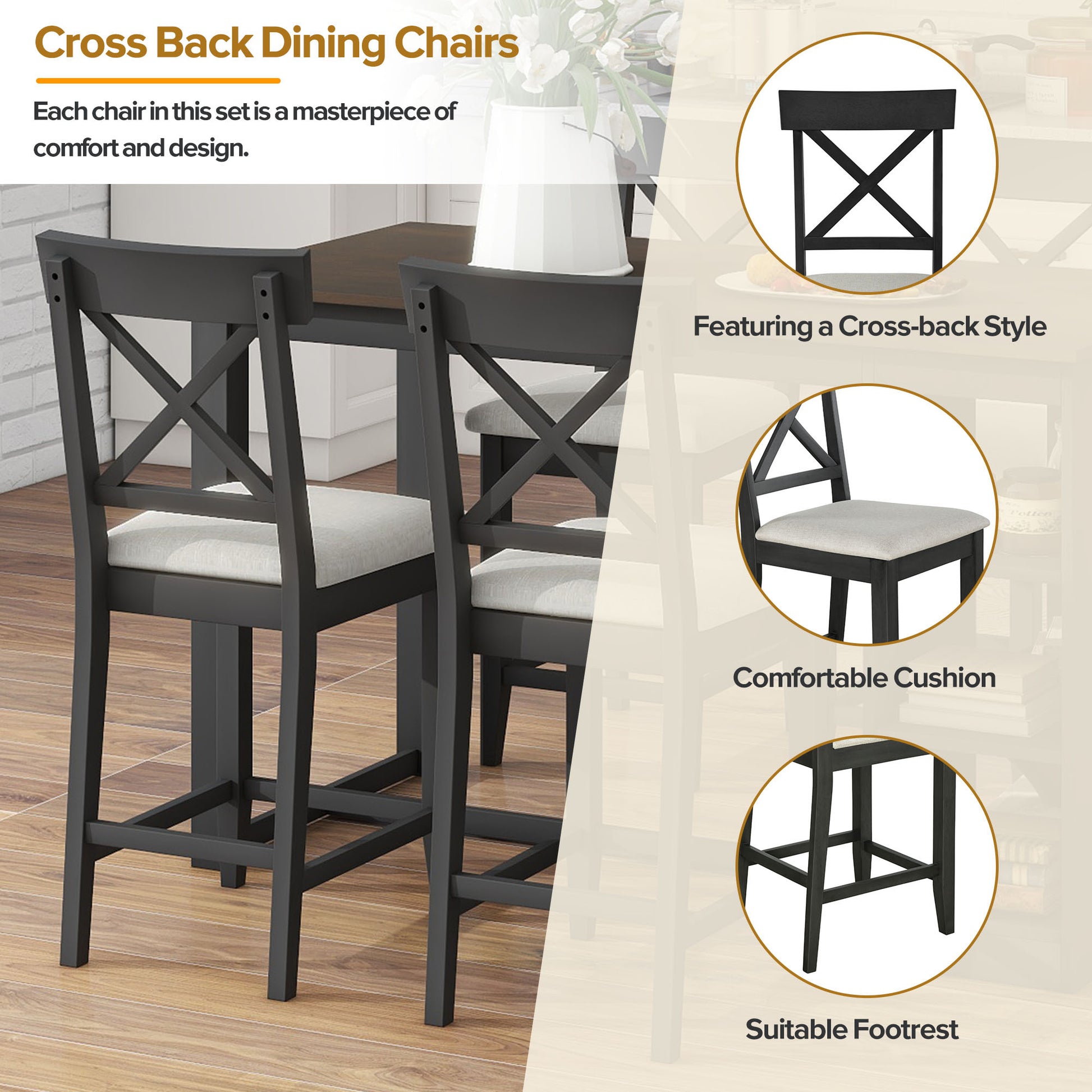 60"Lx30"W Solid Wood Farmhouse Counter Height Dining Table Set With 3 Tier Storage Shelves, Upholstered Dining Chairs For 4, 5 Piece, Gray Wood Dining Room Solid Wood Rubberwood Rectangular Dining Table With Chair Wood Wood Gray Seats 4 Farmhouse 4 Leg