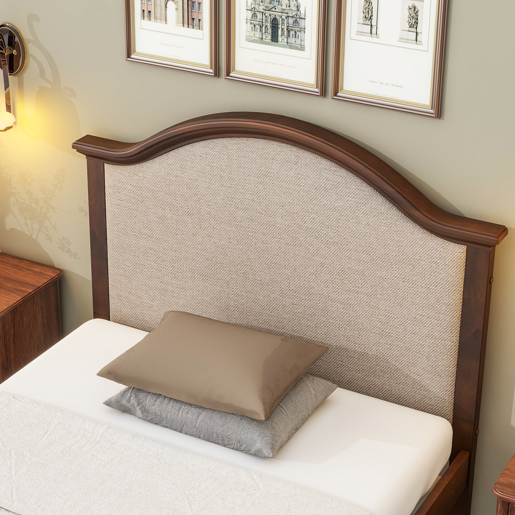 Twin Bed With Upholstered Headboard And Footboard, With Slats,Walnut Twin Walnut Bedroom American Design Pine
