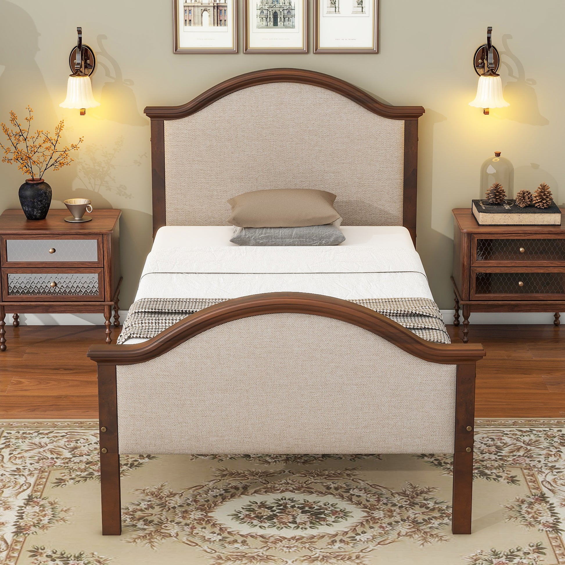 Twin Bed With Upholstered Headboard And Footboard, With Slats,Walnut Twin Walnut Bedroom American Design Pine