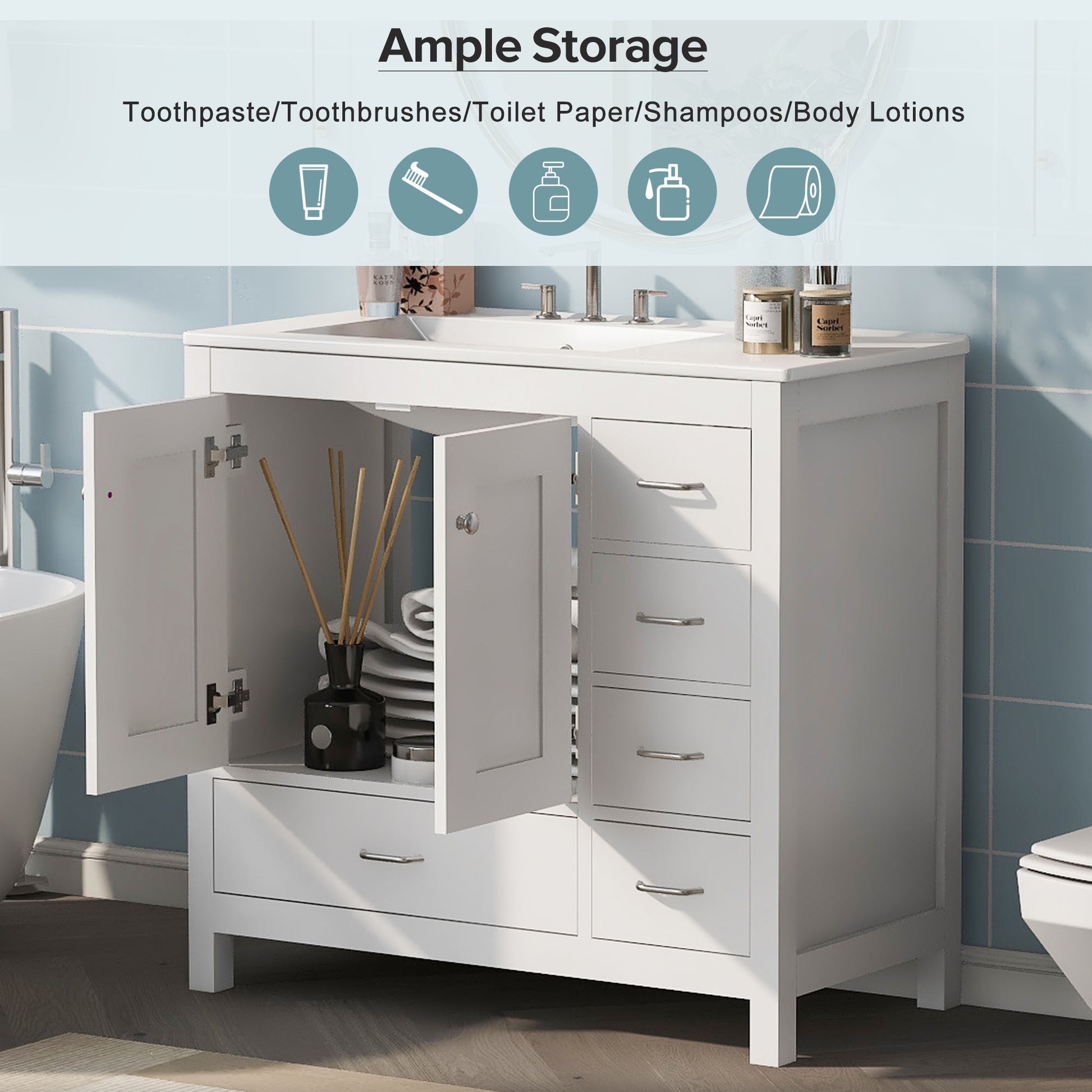 36" White Bathroom Vanity With Ceramic Sink Combo, Abundant Storage Cabinet 2 Soft Close Doors And 5 Drawers White Bathroom Solid Wood Mdf