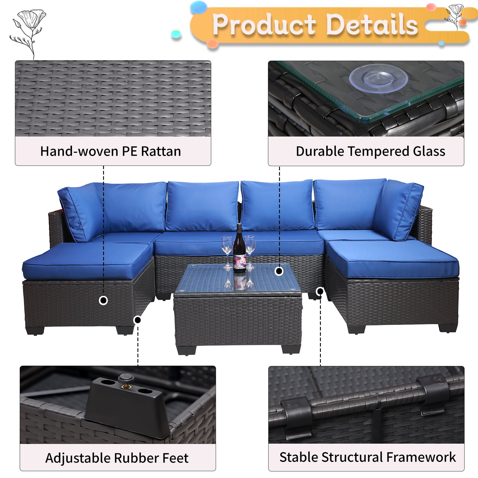 Outdoor Garden Patio Furniture 7 Piece Pe Rattan Wicker Cushioned Sofa Sets And Coffee Table, Patio Furniture Set Outdoor Couch Outdoor Couch Patio Furniture Outdoor Sofa Patio Couch Yes Complete Patio Set Black Blue Rust Resistant Frame Water Resistant