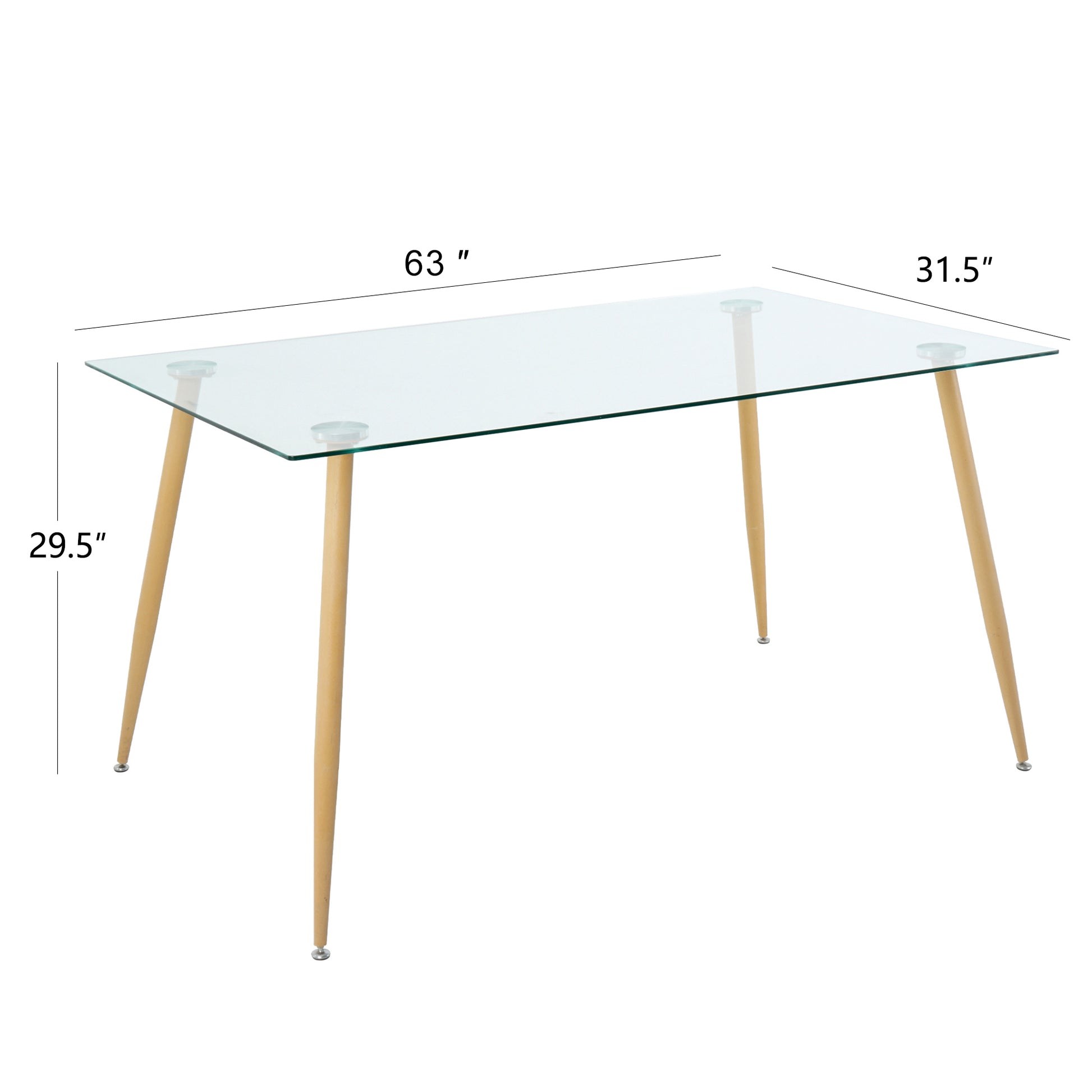 Modern Kitchen Glass Dining Table 63" Rectangular Tempered Glass Table Top,Clear Dining Table Metal Legs, Wood Grain Legs Clear Rectangular Glass