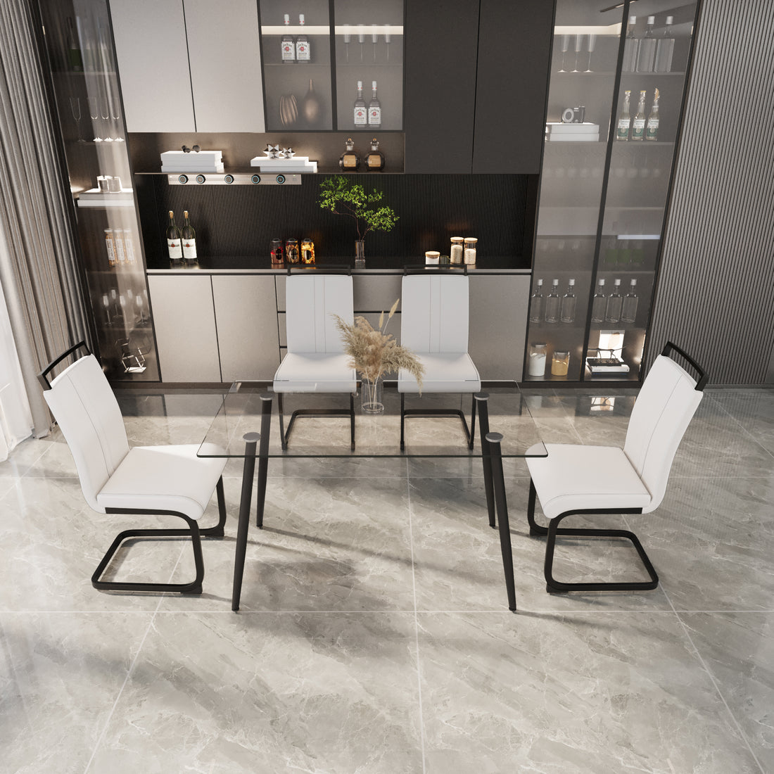 51 Inch Glass Dining Table Set For 4, Dining Table & Chair Sets With Black Metal Legs For Kitchen, Modern Rectangle Tempered Glass Table Top And Pu Dining Armless Chair For Dining Room Transparent Glass