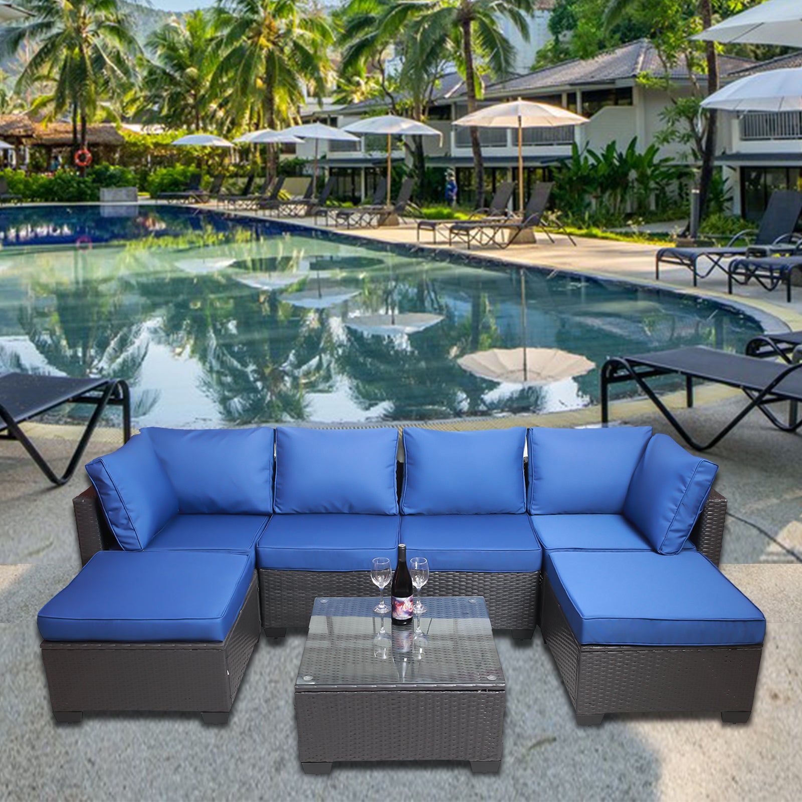 Outdoor Garden Patio Furniture 7 Piece Pe Rattan Wicker Cushioned Sofa Sets And Coffee Table, Patio Furniture Set Outdoor Couch Outdoor Couch Patio Furniture Outdoor Sofa Patio Couch Yes Complete Patio Set Black Blue Rust Resistant Frame Water Resistant