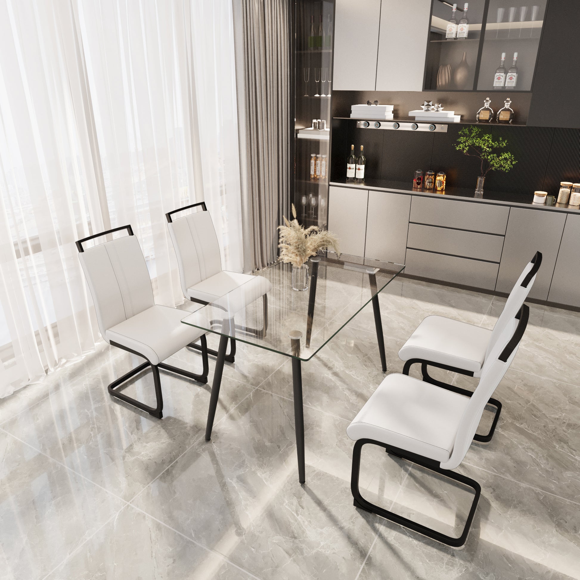 51 Inch Glass Dining Table Set For 4, Dining Table & Chair Sets With Black Metal Legs For Kitchen, Modern Rectangle Tempered Glass Table Top And Pu Dining Armless Chair For Dining Room Transparent Glass