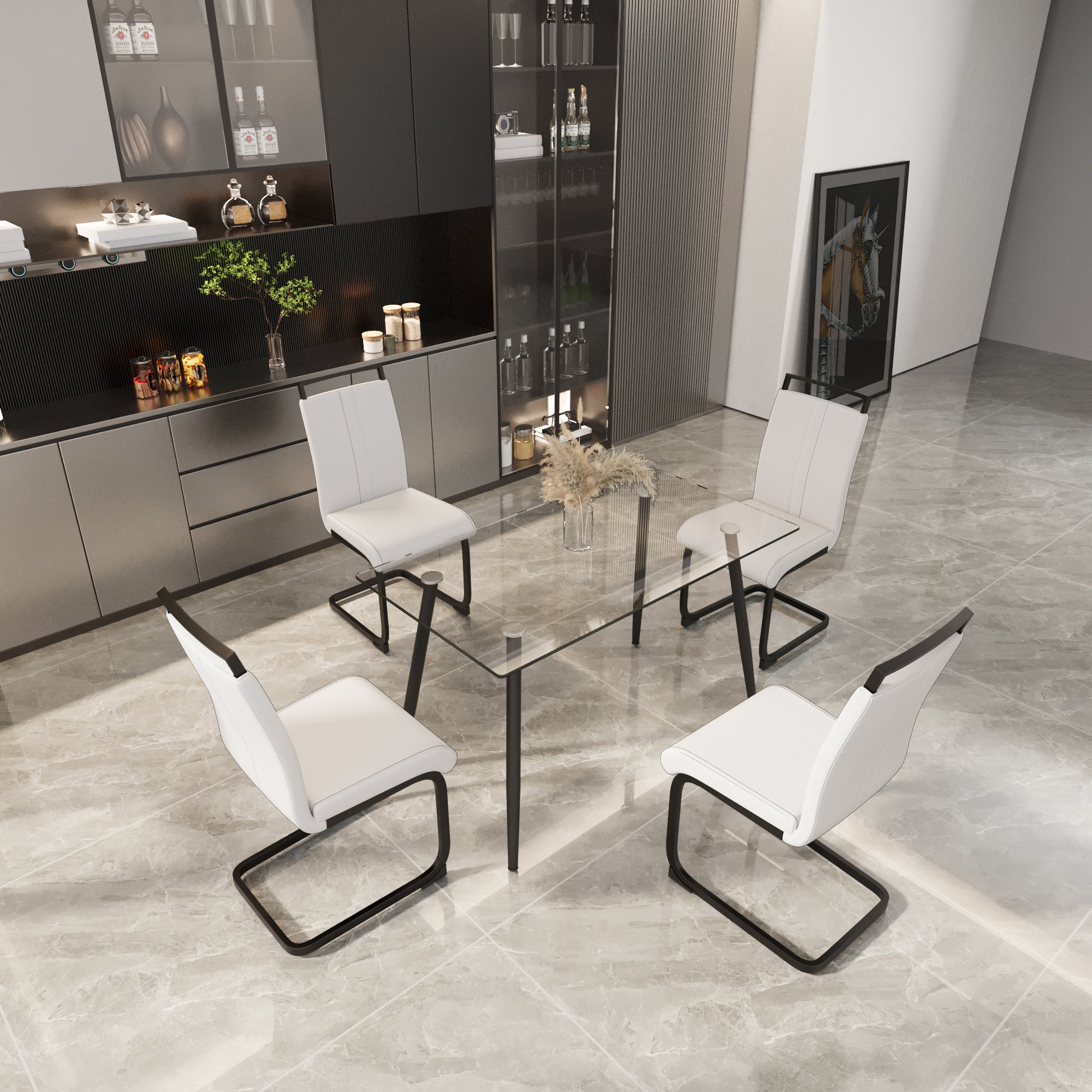 51 Inch Glass Dining Table Set For 4, Dining Table & Chair Sets With Black Metal Legs For Kitchen, Modern Rectangle Tempered Glass Table Top And Pu Dining Armless Chair For Dining Room Transparent Glass