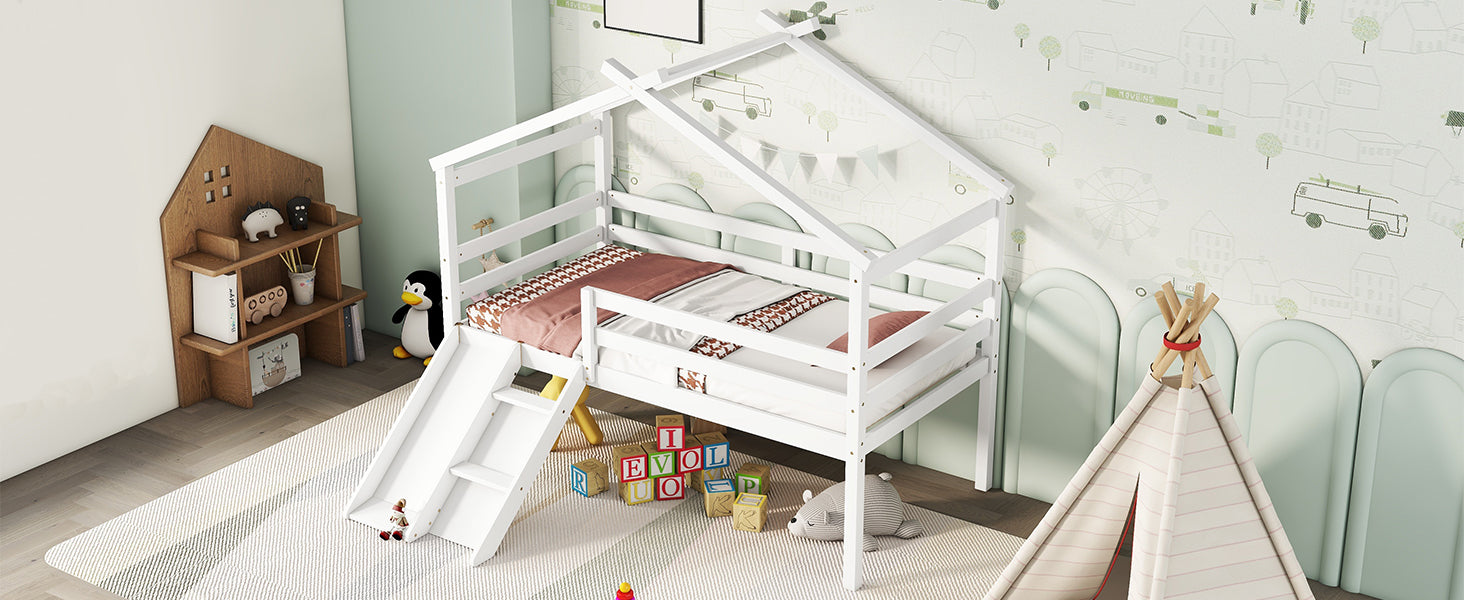 Twin Low Loft House Bed With Slide, Ladder, Safety Guardrails, House Roof Frame,White Twin White American Design Pine