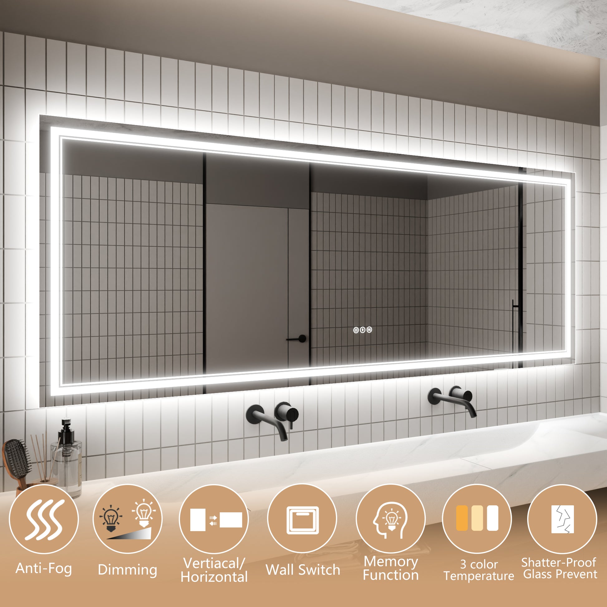 Led Bathroom Mirror, 32X84 Inch Bathroom Vanity Mirrors With Lights, Mirrors For Wall With Smart Touch Button, Anti Fog, Memory Function, Stepless Dimmable Makeup Mirror Horizontal Vertical White Aluminium